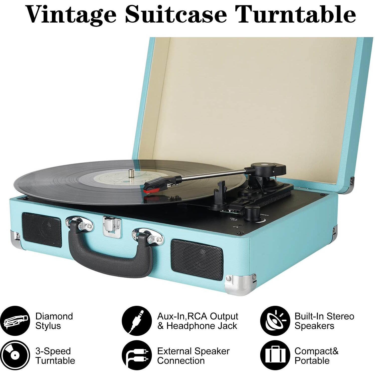 Vinyl Record Player, 3 Speeds Suitcase Portable Record Player With Built-In Speakers, Vintage Belt Driven Turntable With Rca Output/Headphone/Aux In Jack/45 Adapter Blue