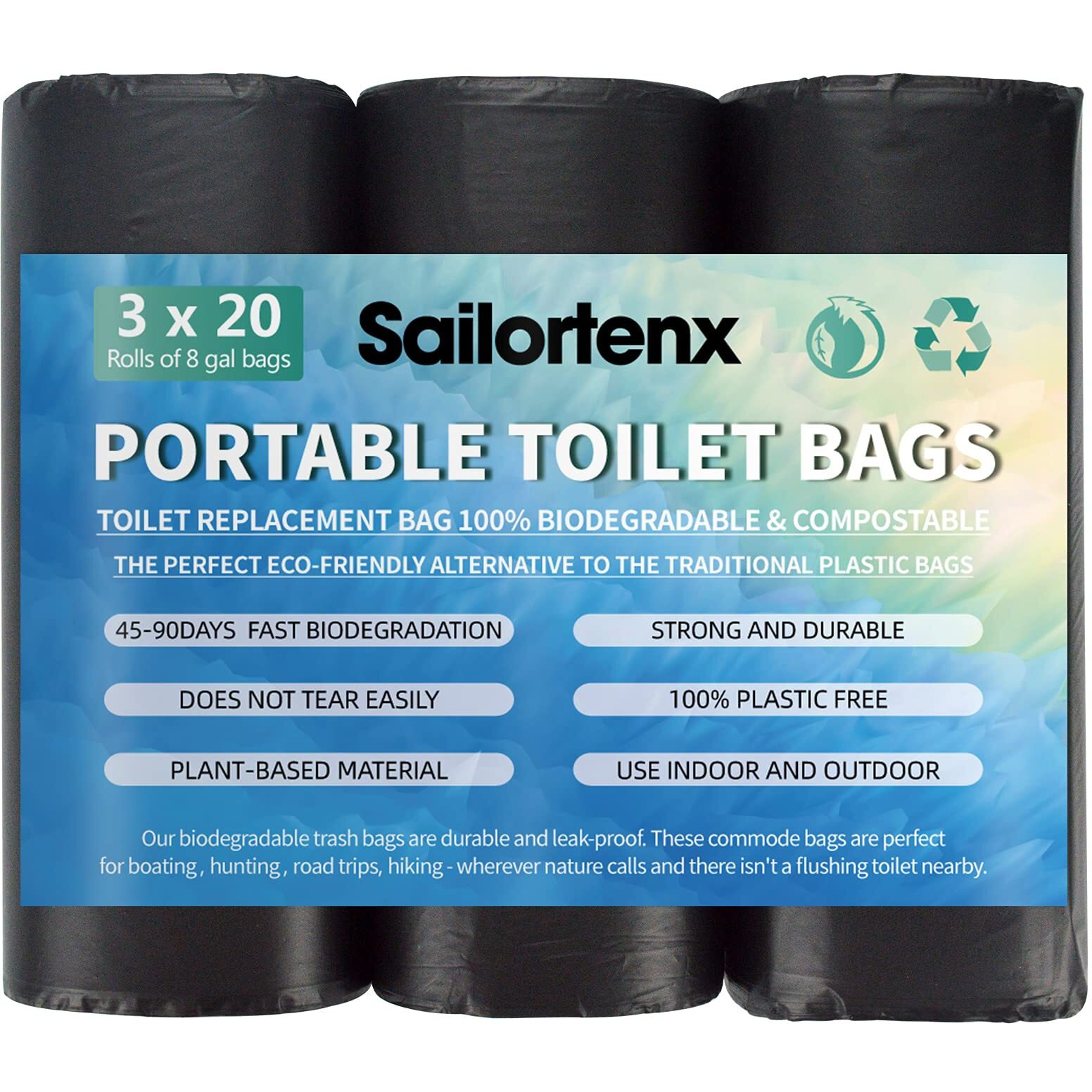 Sailortenx 60 Portable Toilet Bags 100% Compostable 8 Gallon Camping Toilet Bags Use With 5 Gallon Bucket Toilet Waste Bags, Disposable Biodegradable Camping Poop Bags For Outdoor Camping Potty Bags