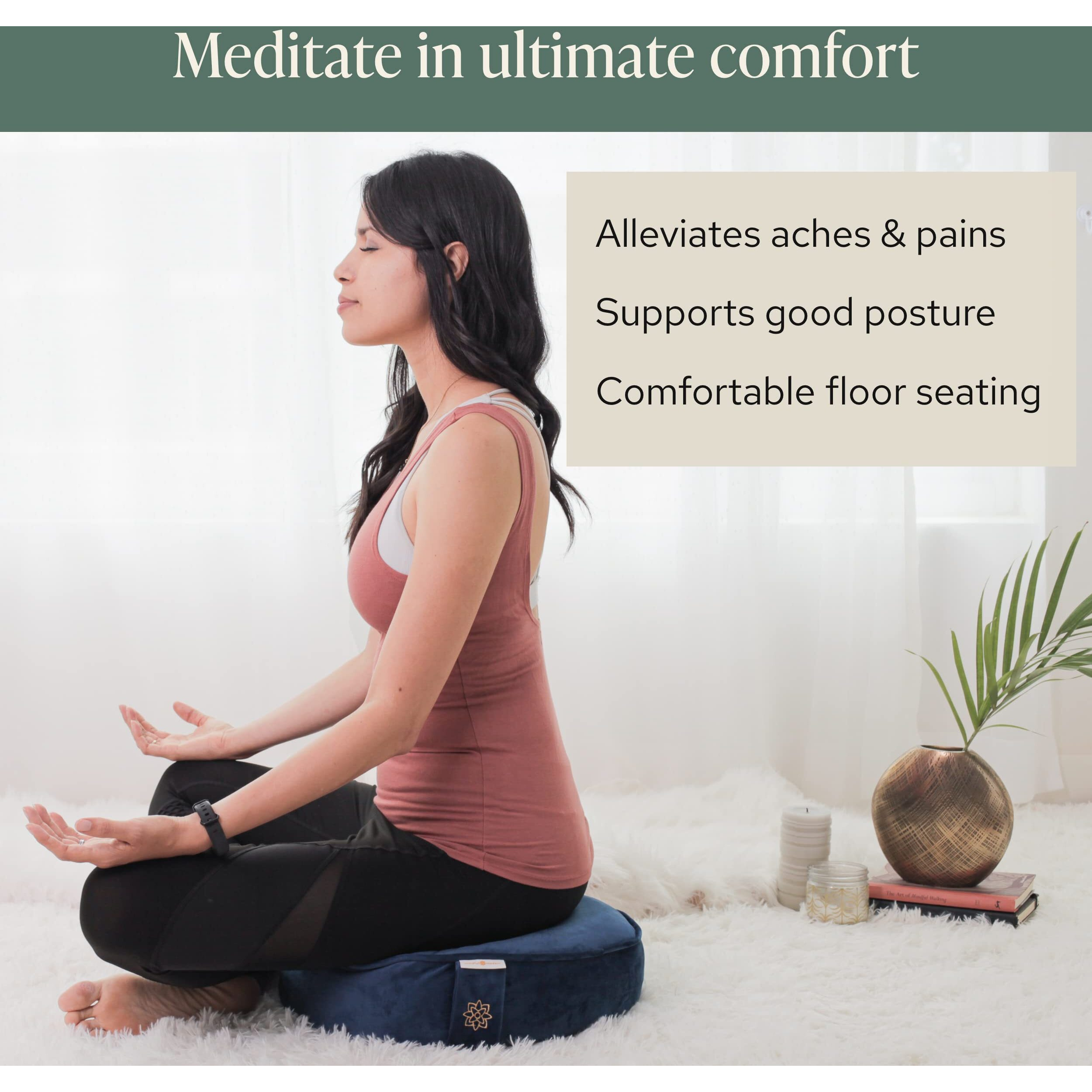 Mindful & Modern Velvet Meditation Cushion | Luxe Zafu Yoga Floor Pillow Seat | Posture Support | Buckwheat Hull Filled | Large Round Cushion With Removable Washable Cover + Carry Handle | Color Blue
