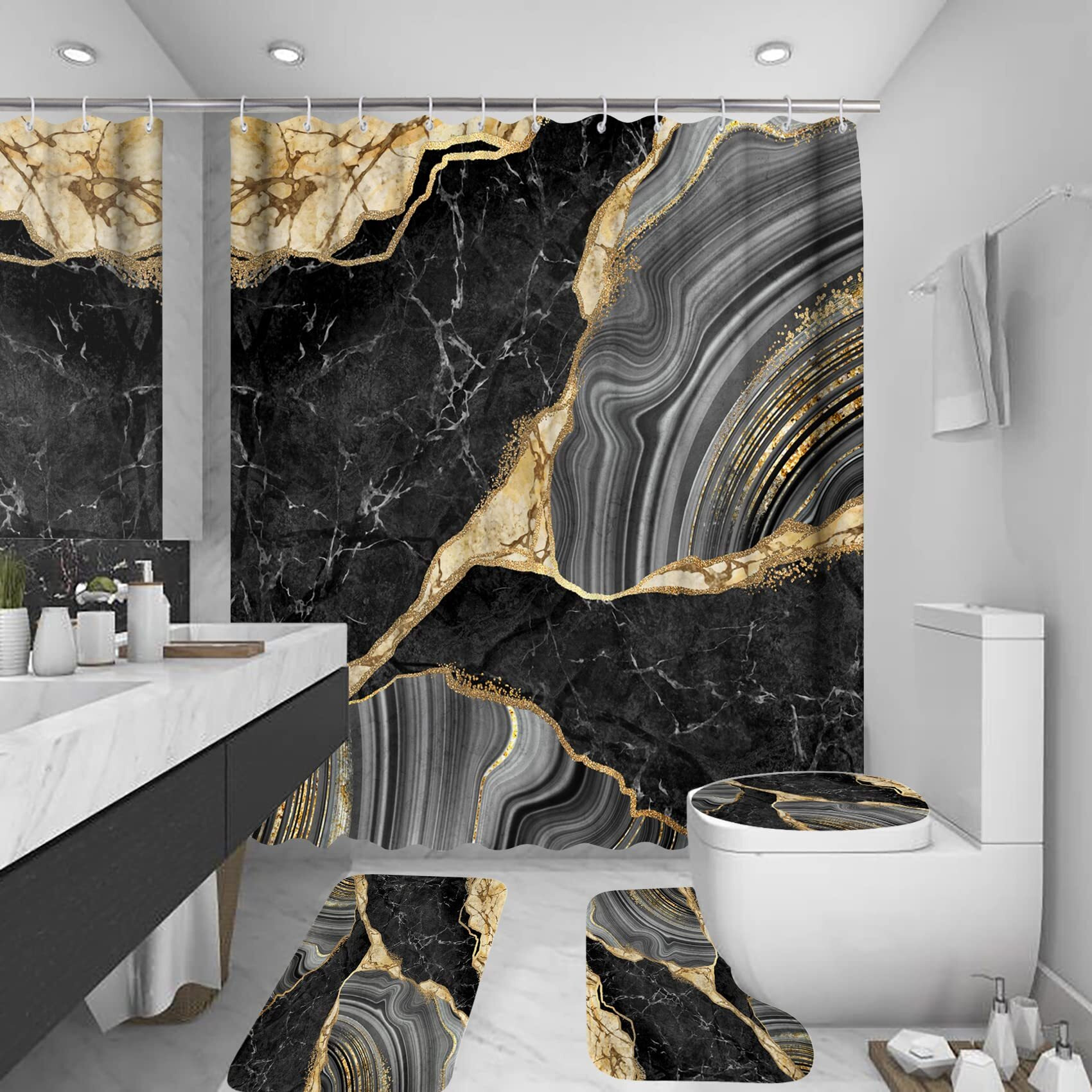 Beifivcl 4Pcs Marble Shower Curtain Sets, Bathroom Decor Sets, Luxury Shower Curtain With 12 Hooks, Bath Mat, Toilet Lid Rug And Non-Slip U Shape Mat Accessories Marble Print, 72 X 72 Inch, Black