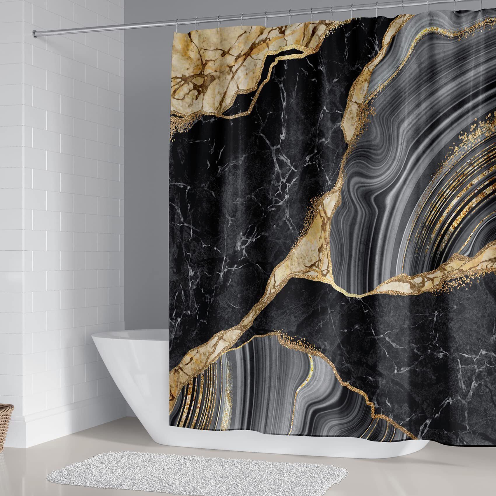 Beifivcl 4Pcs Marble Shower Curtain Sets, Bathroom Decor Sets, Luxury Shower Curtain With 12 Hooks, Bath Mat, Toilet Lid Rug And Non-Slip U Shape Mat Accessories Marble Print, 72 X 72 Inch, Black