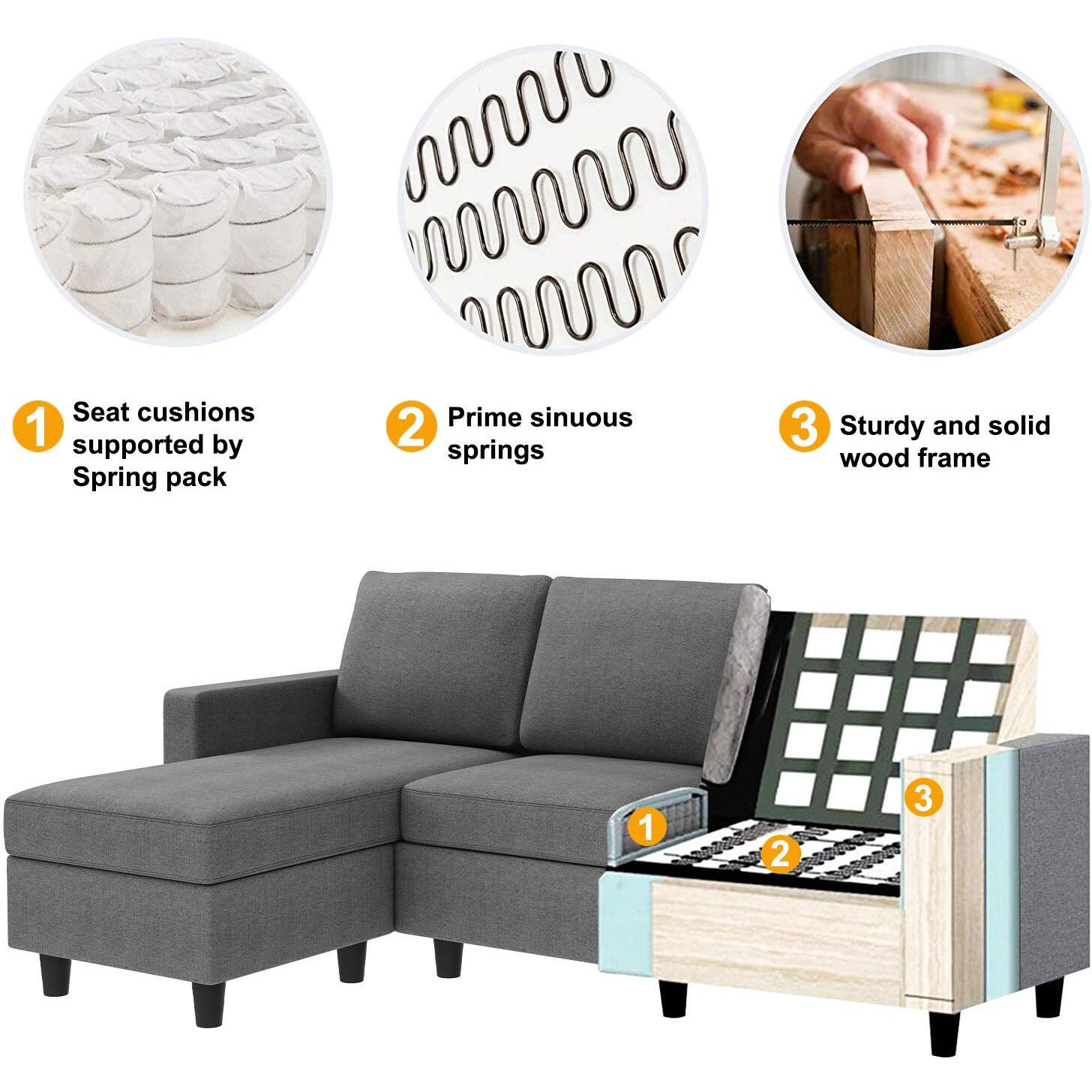 Honbay Convertible Sectional Sofa, Convertible L Shaped Couch With Reversible Chaise, Sectional Couch For Small Space Apartment, Grey