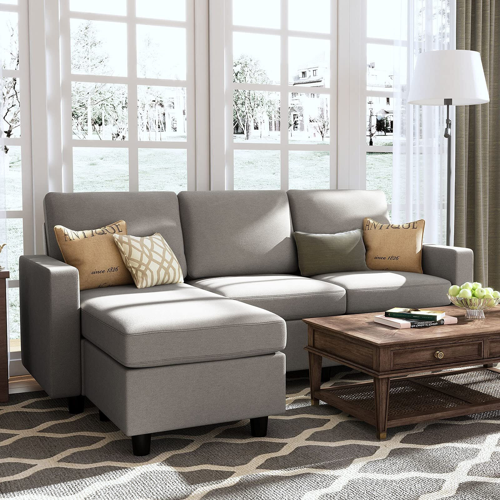 Honbay Convertible Sectional Sofa, L Shaped Couch With Linen Fabric, Reversible Sectional Sofa Couch For Small Space, Light Grey