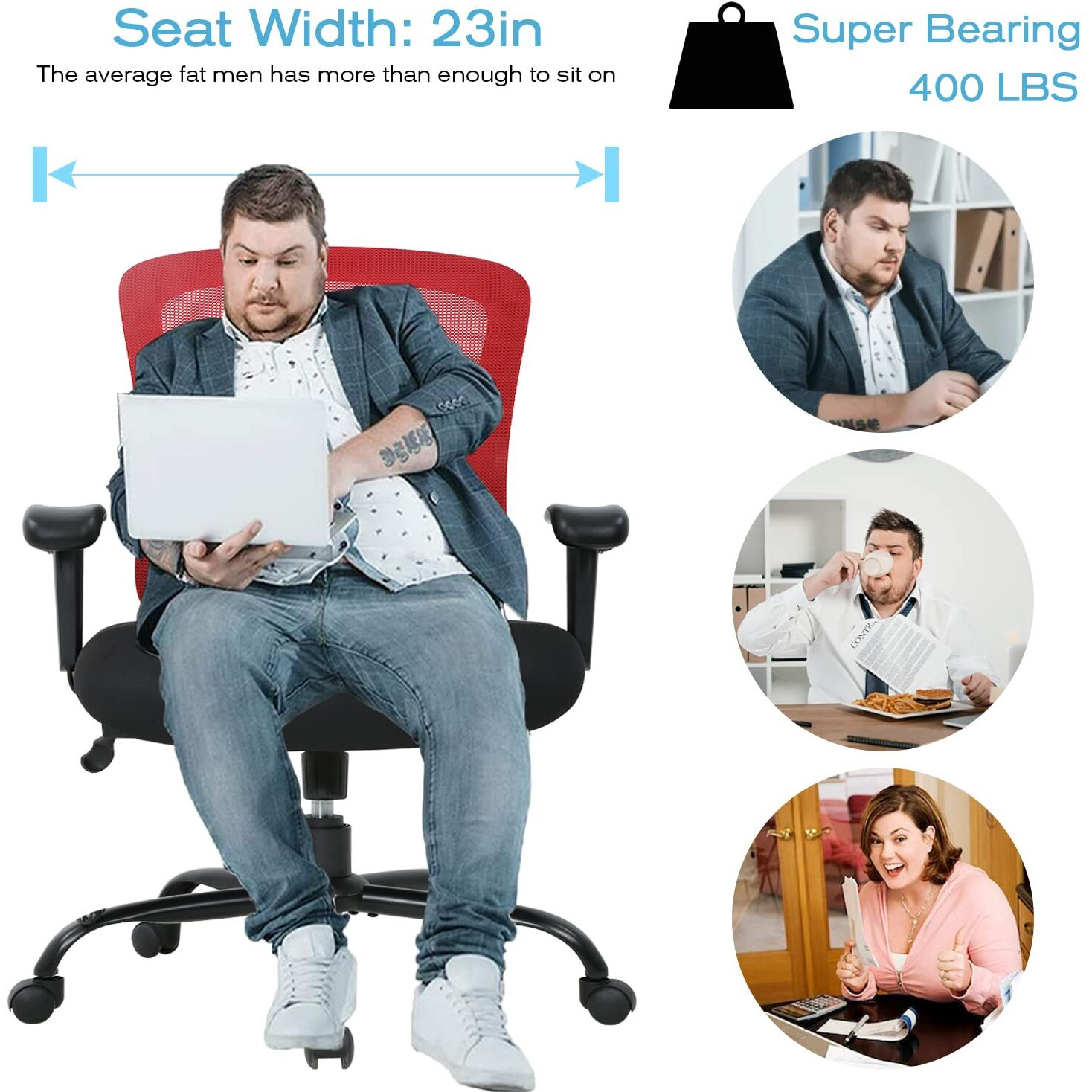 Hcy Big & Tall Office Chair, Desk Chair 400 Lbs Computer Mesh Chair For Heavy People Height Adjustable Rolling Desk Chair With Ergonomic Lumbar Support For Home, Office (Red)
