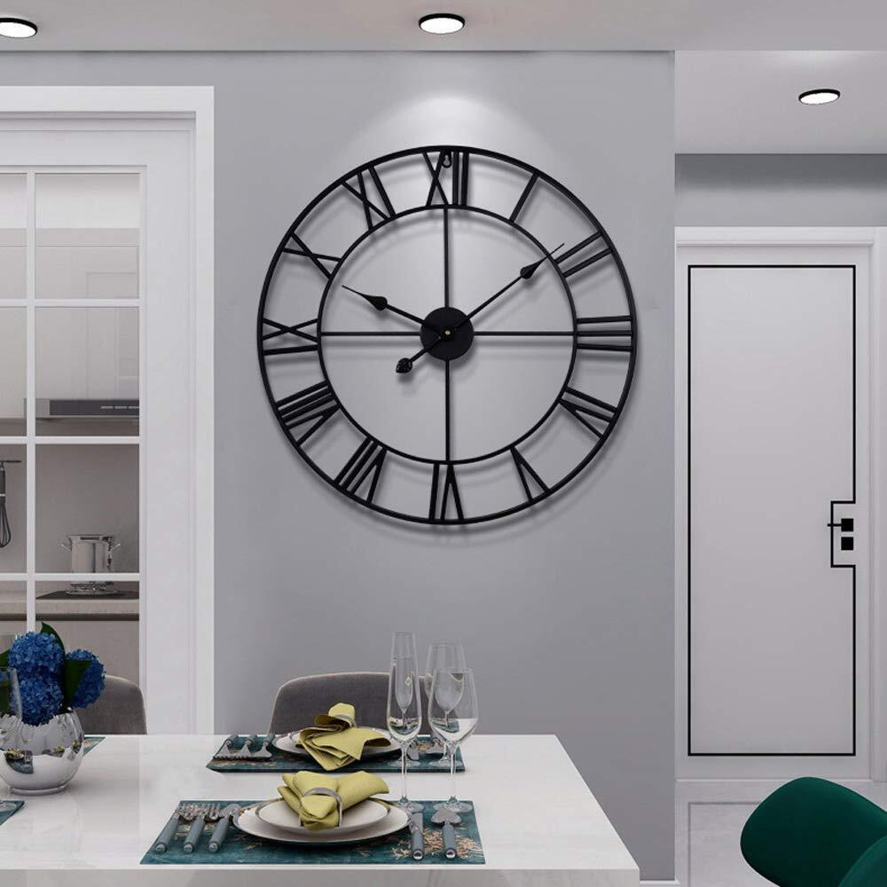Leike Large Modern Metal Wall Clocks 40Cm Round Nearly Silent Little Ticking Outdoor Black Roman Numeral Clock For Kitchen,Living Room,Bedroom Wall Decor