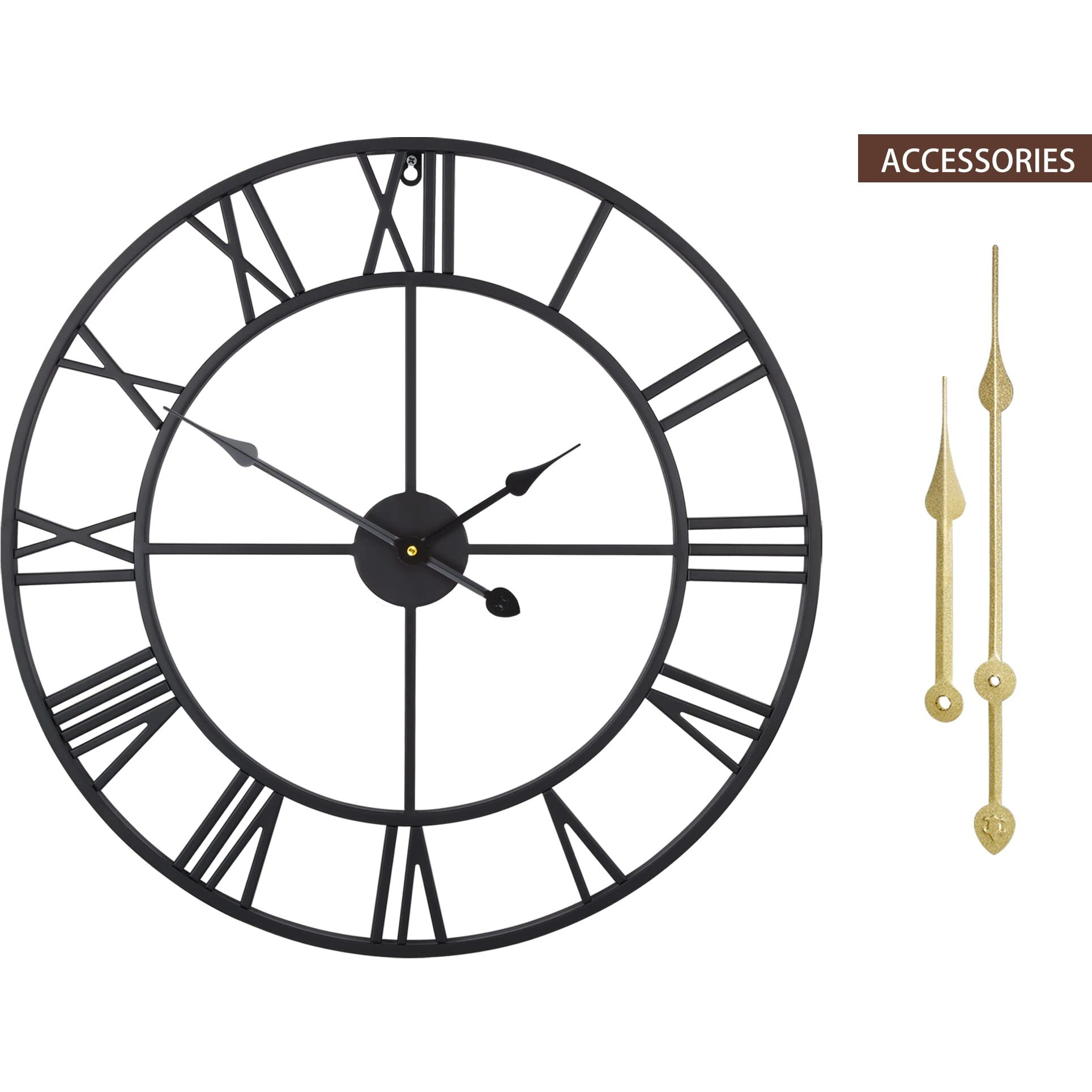 Leike Large Modern Metal Wall Clocks 40Cm Round Nearly Silent Little Ticking Outdoor Black Roman Numeral Clock For Kitchen,Living Room,Bedroom Wall Decor