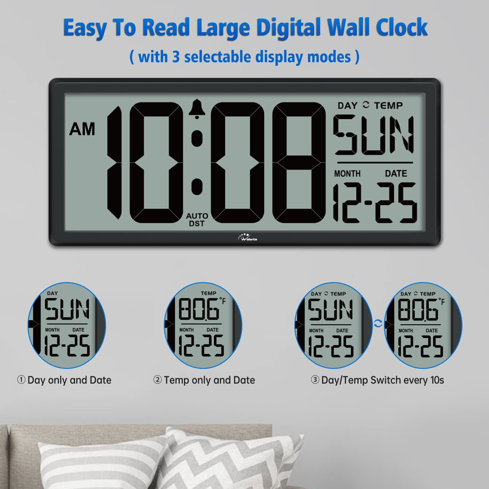 Wallarge 14.5'' Large Digital Wall Clock Battery Operated With Jumbo Numbers, Temperature And Date - Easy To Read And Set, Auto Dst