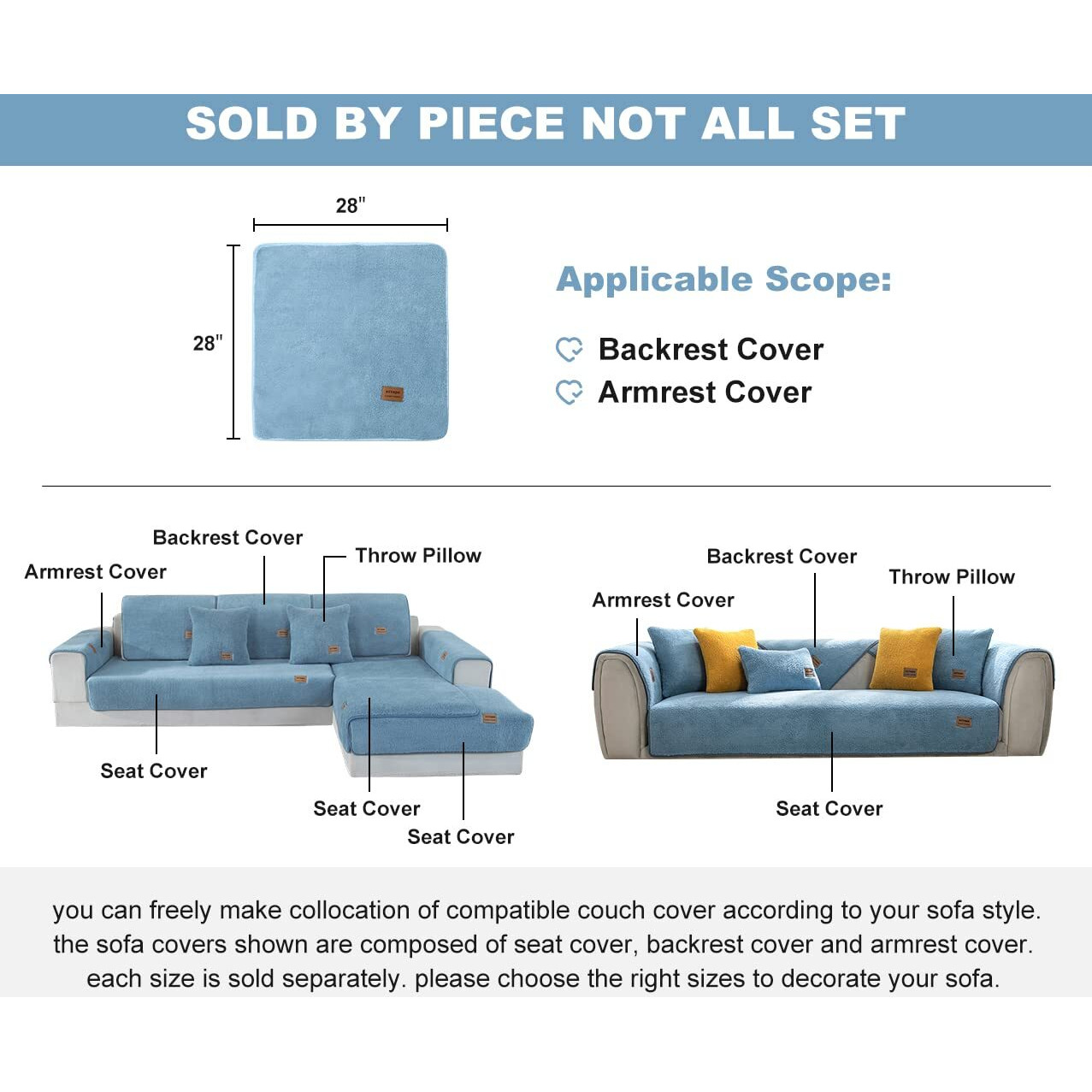 Vctops Sherpa Fleece Sofa Couch Covers Super Soft Warm Plush Sectional Couch Cover Luxury Fuzzy Furry Non Slip Sofa Slipcover Furniture Protector (Sky Blue,28"&quotX28"")