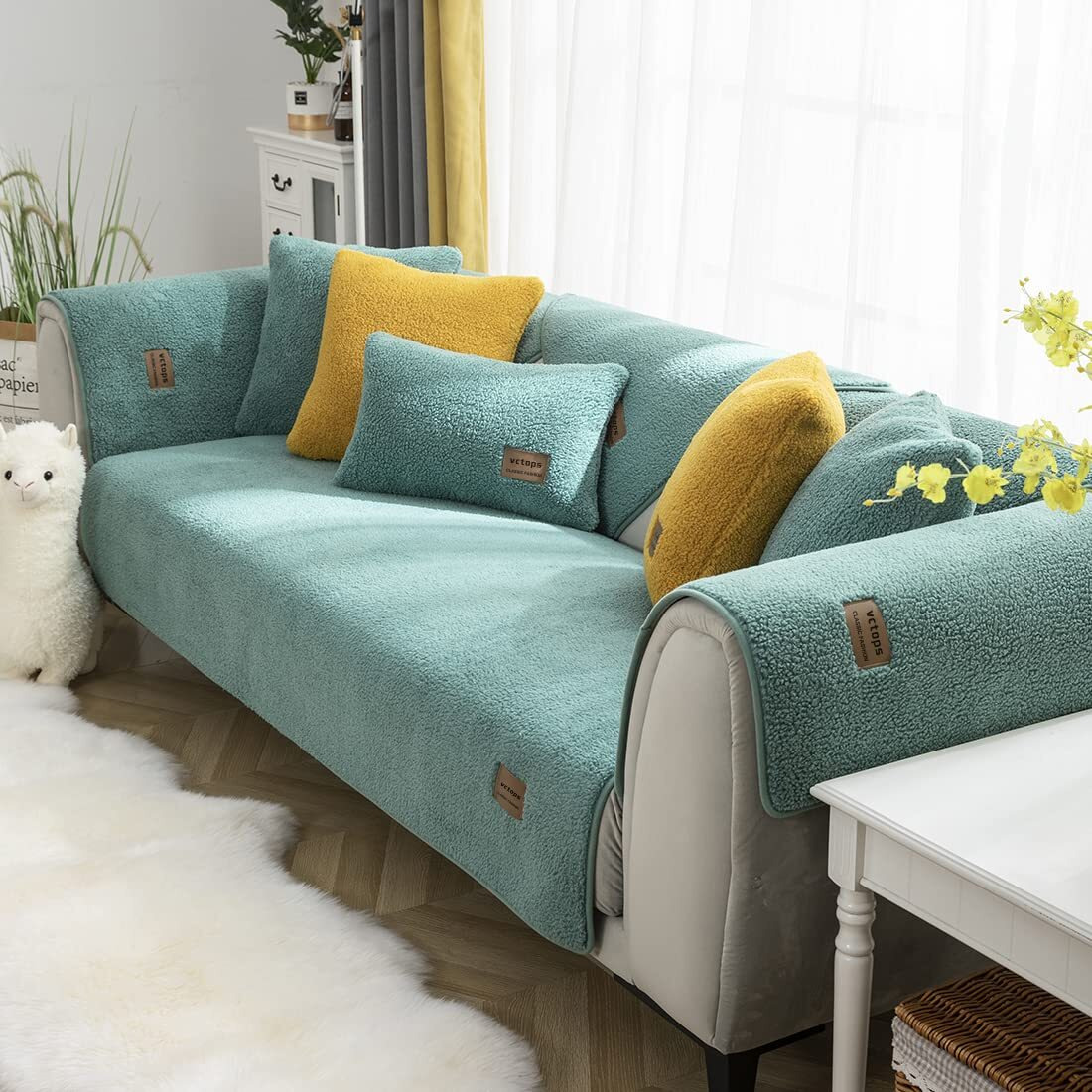 Vctops Sherpa Fleece Sofa Couch Covers Super Soft Warm Plush Sectional Couch Cover Luxury Fuzzy Furry Non Slip Sofa Slipcover Furniture Protector (Lake Blue,28"&quotX28"")