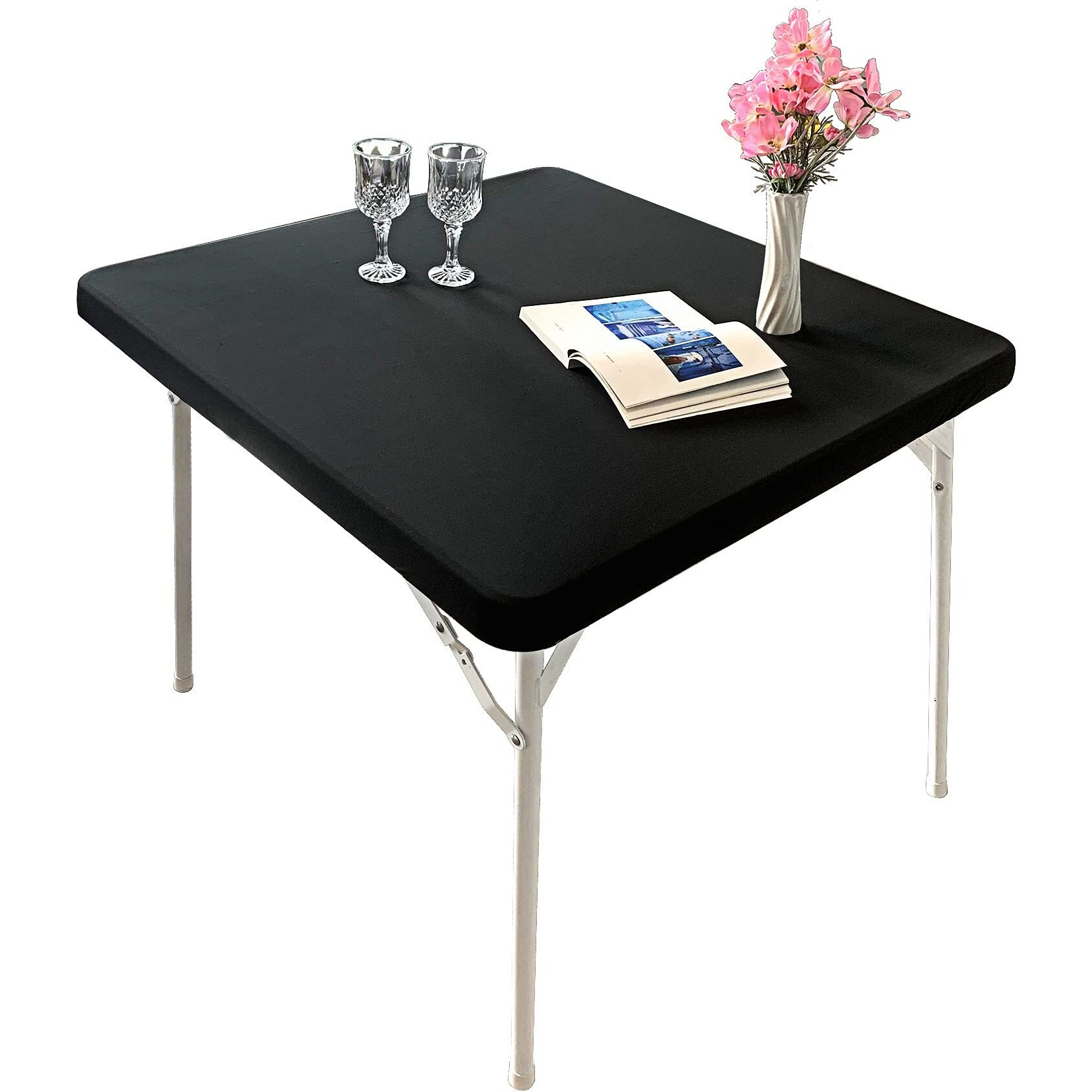 Monibana Cocktail Fitted Spandex Stretch Square Table Covers Caps Elastic Square Tablecloth Black Table Topper 36X36 Inch