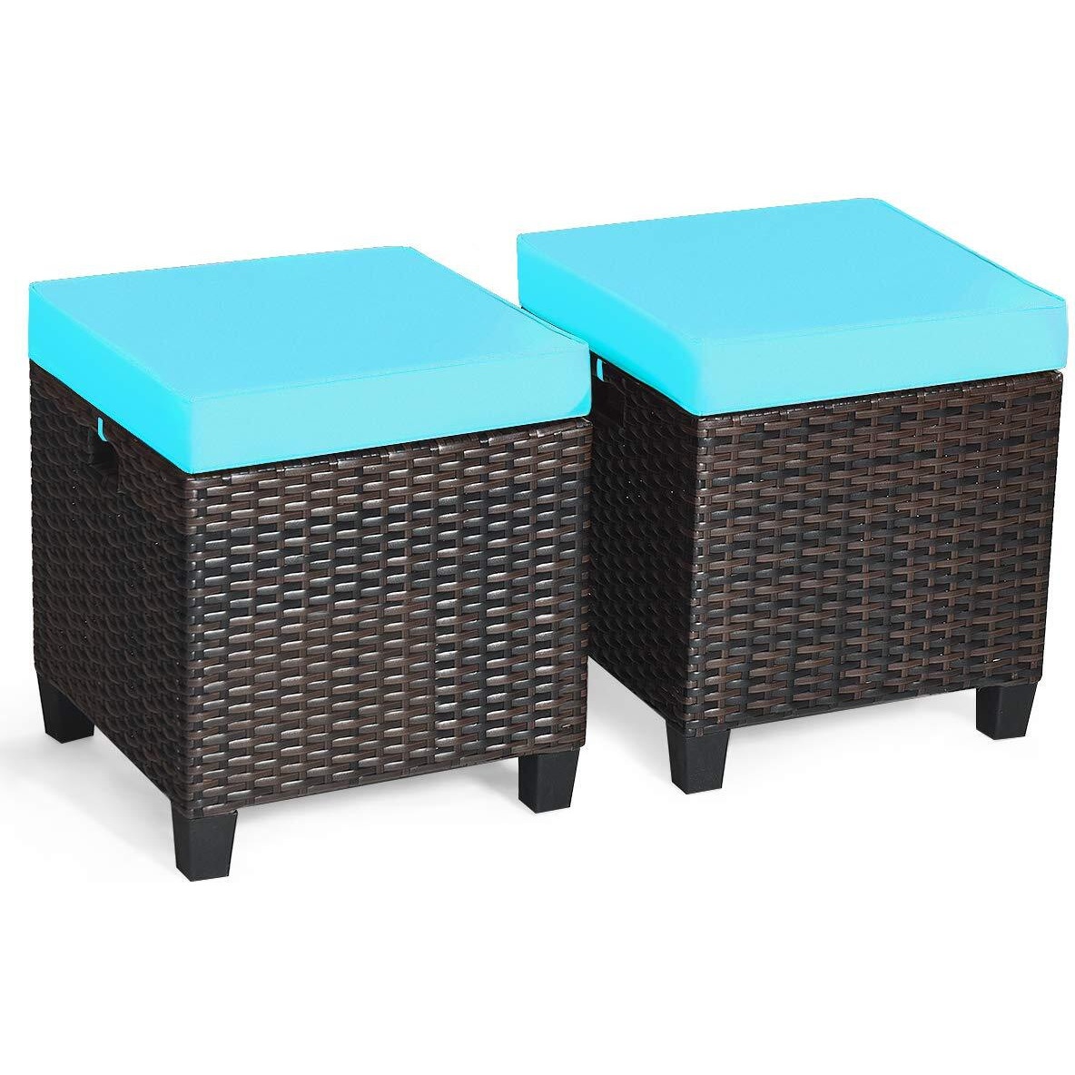 Tangkula 2 Pieces Outdoor Patio Ottoman, All Weather Rattan Wicker Ottoman Seat, Patio Rattan Furniture, Outdoor Footstool Footrest Seat W/Removable Cushions (Turquoise)