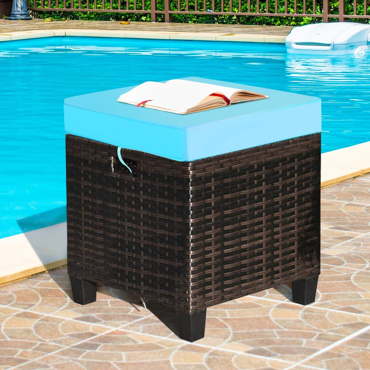 Tangkula 2 Pieces Outdoor Patio Ottoman, All Weather Rattan Wicker Ottoman Seat, Patio Rattan Furniture, Outdoor Footstool Footrest Seat W/Removable Cushions (Turquoise)