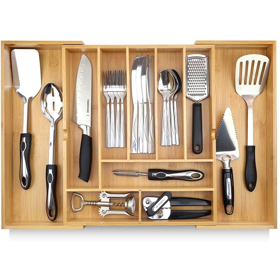 Pristine Bamboo Silverware Organizer - Expandable Kitchen Drawer Organizer - Adjustable Kitchen Drawer Organizer For Utensils, Expandable To 25 Inches Wide, 10 Compartments, Silverware Tray For Drawer