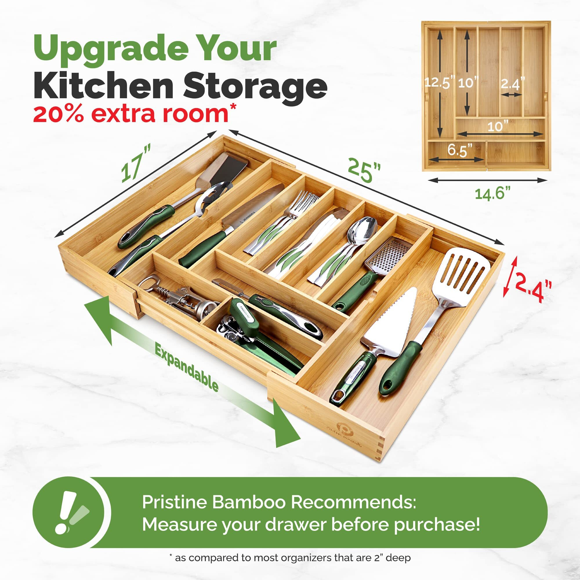 Pristine Bamboo Silverware Organizer - Expandable Kitchen Drawer Organizer - Adjustable Kitchen Drawer Organizer For Utensils, Expandable To 25 Inches Wide, 10 Compartments, Silverware Tray For Drawer