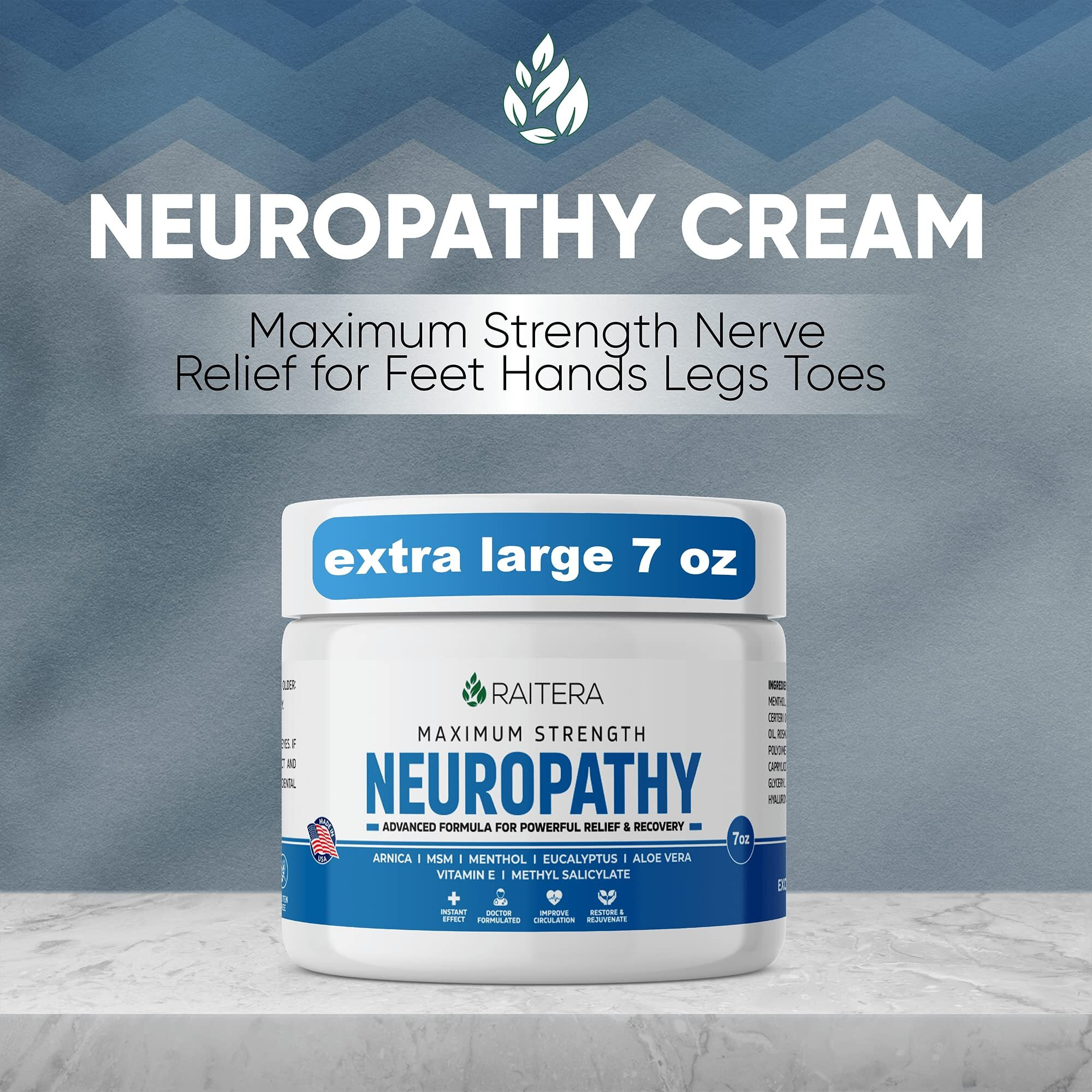 Raitera Neuropathy Relief Cream - 7 Oz - Maximum Strength Nerve Relief For Feet Hands Legs Toes - Natural Ingredients Frankincense Arnica Aloe Vera Emu Msm Hemp - Fast-Acting Formula