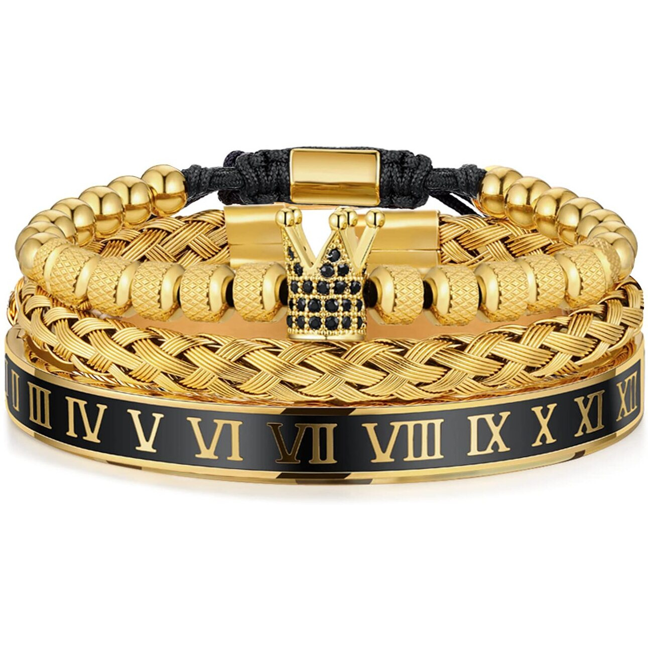 Wfyou 3Pcs Stainless Steel Bracelets For Men Gold Roman Numeral Bangle Bracelet Twisted Cable Bracelet Adjustable Cuff Bracelet Mens Luxury Jewelry Bracelets Gifts(IGold)