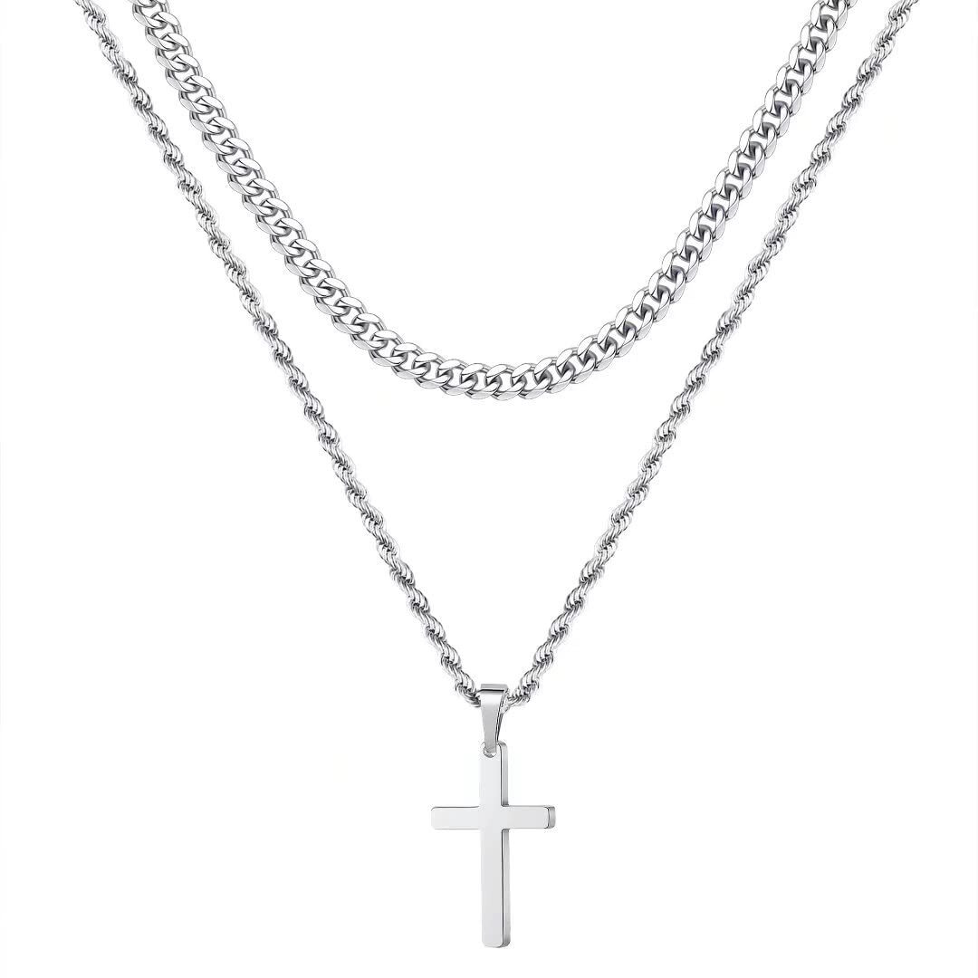 Cross Necklace For Men, Stainless Steel Cross Necklace Mens Cross Chain Layered Rope Chain Cross Pendant Necklace For Men Women 18-20 Inch Cross Necklace Jewelry Valentines Gifts For Boyfriend Father