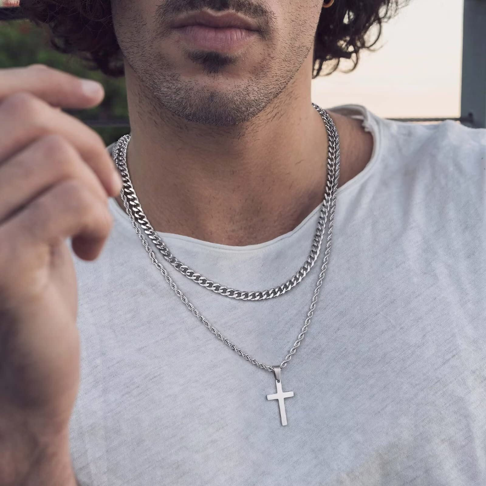 Cross Necklace For Men, Stainless Steel Cross Necklace Mens Cross Chain Layered Rope Chain Cross Pendant Necklace For Men Women 18-20 Inch Cross Necklace Jewelry Valentines Gifts For Boyfriend Father