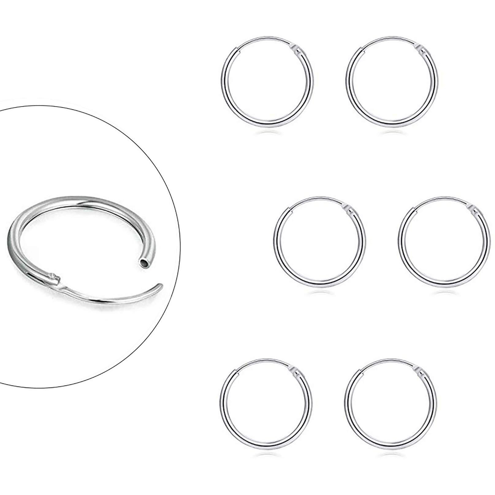 Sterling Silver Hoop Earrings For Women Men Girls, Hypoallergenic Cartilage Earring Endless Small Hoop Earrings Set, 3 Pairs Of 925 Sterling Silver Tragus Earrings Nose Lip Rings (8Mmx3)