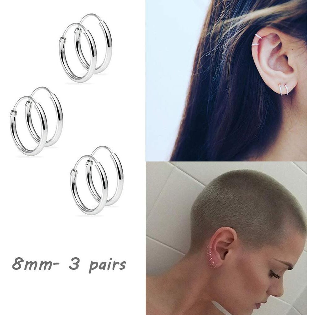 Sterling Silver Hoop Earrings For Women Men Girls, Hypoallergenic Cartilage Earring Endless Small Hoop Earrings Set, 3 Pairs Of 925 Sterling Silver Tragus Earrings Nose Lip Rings (8Mmx3)