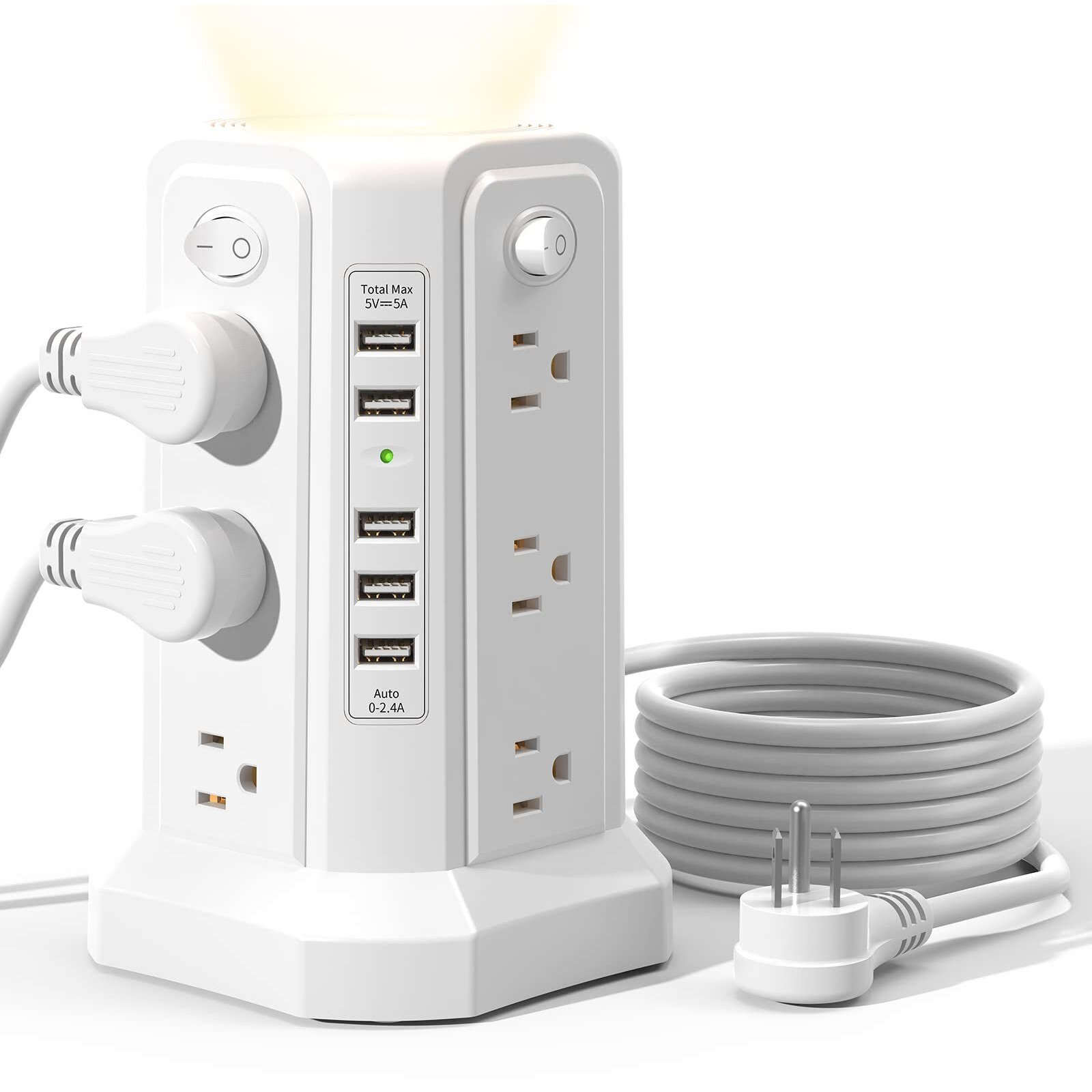 Power Strip Surge Protector Tower With Night Light,10Ft Extension Cord With 12 Ac Multiple Outlets, Passus Surge Protector Power Strip With 5 Usb Ports, Overload Protection For Dorm Room White