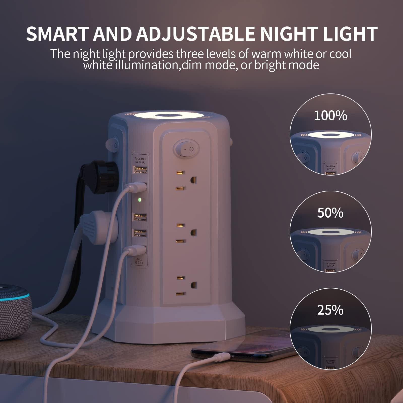 Power Strip Surge Protector Tower With Night Light,10Ft Extension Cord With 12 Ac Multiple Outlets, Passus Surge Protector Power Strip With 5 Usb Ports, Overload Protection For Dorm Room White