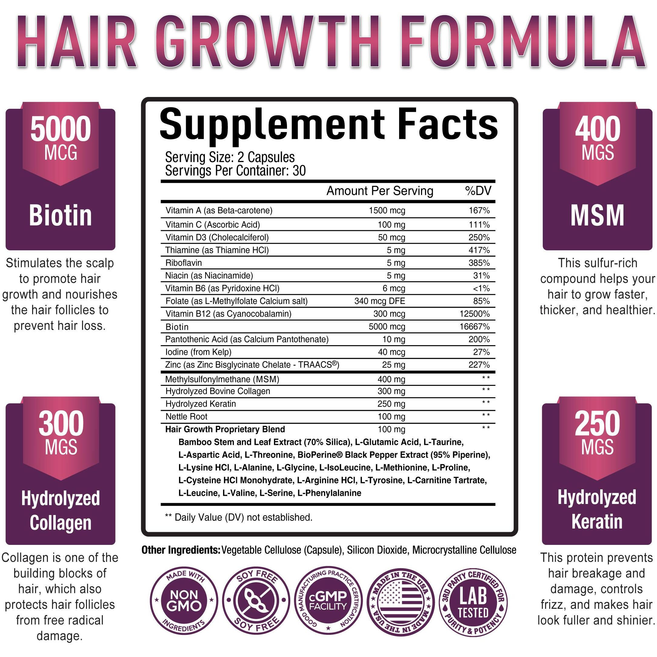 Premium Hair Growth For Women & Men - Hair Growth Vitamins W/ Biotin & Keratin - Prevents Hair Loss & Thinning, Supports Thicker Healthier Hair Growth - Supplement For All Hair Types, 60 Capsules