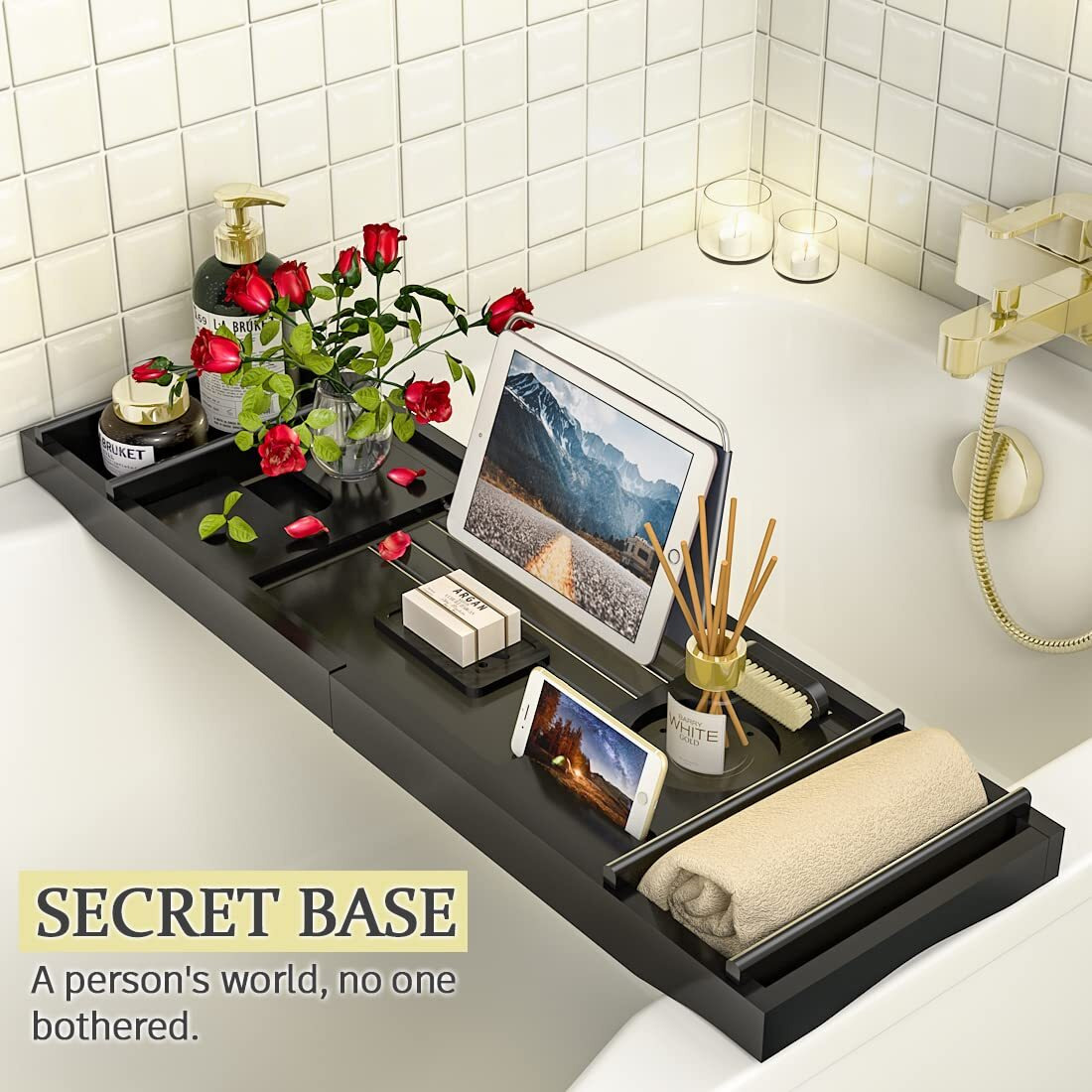 Bath Caddy Tray For Bathtub - Bamboo Adjustable Organizer Tray For Bathroom With Free Soap Dish Suitable For Luxury Spa Or Reading(Black)