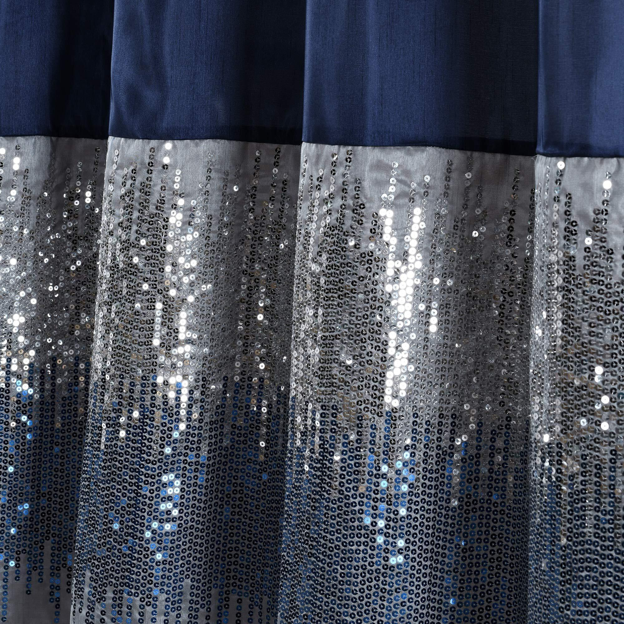 Lush Decor Night Sky Shower Curtain Sequin Fabric Shimmery Color Block Design For Bathroom, 72"" X 72"", Navy & White