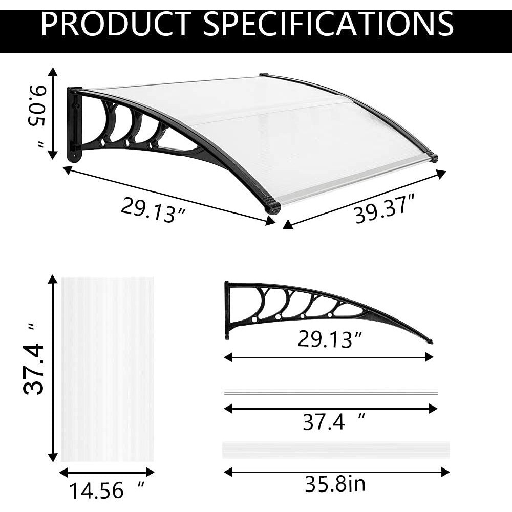 Vingli Window Awning Door Canopy, 30"" X 40"" Awnings For Doors Polycarbonate Cover Outdoor Door Awnings Exterior Patio Awnings Rain Snow Sunlight Protection Hollow Sheet (Clear Board & Black Bracket)