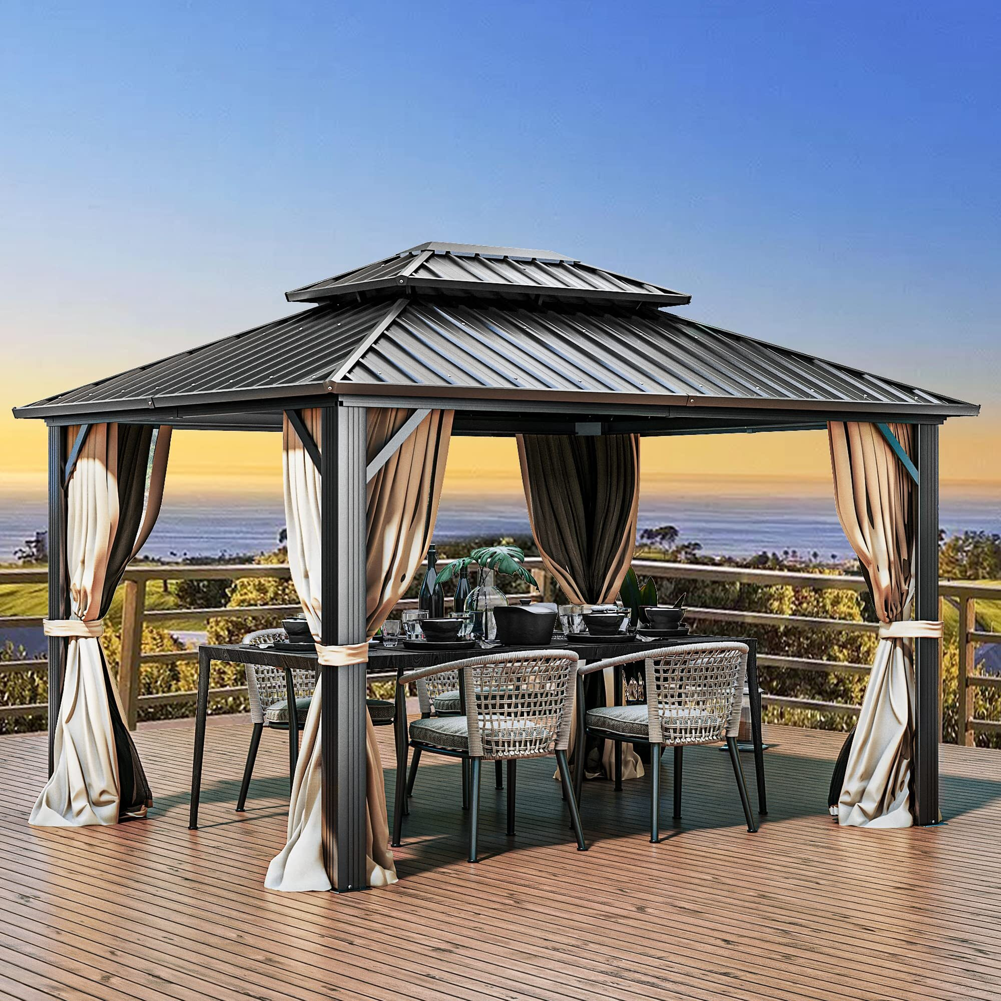 Yitahome 10X12 Ft Gazebo Double Roof Canopy With Netting And Shaded Curtains, Outdoor Gazebo 2-Tier Hardtop Galvanized Iron Aluminum Frame Garden Tent For Patio, Backyard, Deck And Lawns