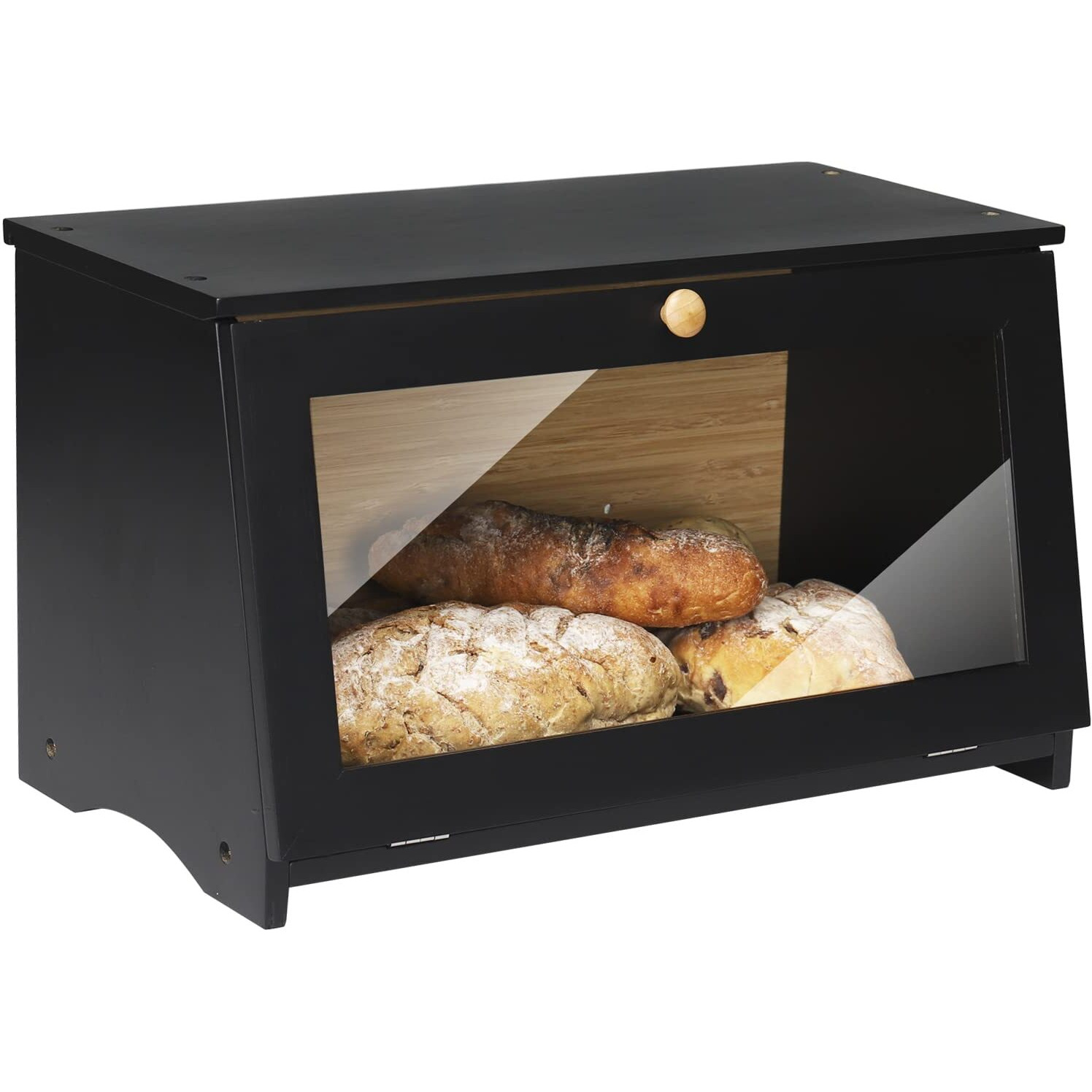 Homekoko Wood Bread Box For Kitchen Counter, Single Layer Bamboo Large Capacity Food Storage Bin (Black)
