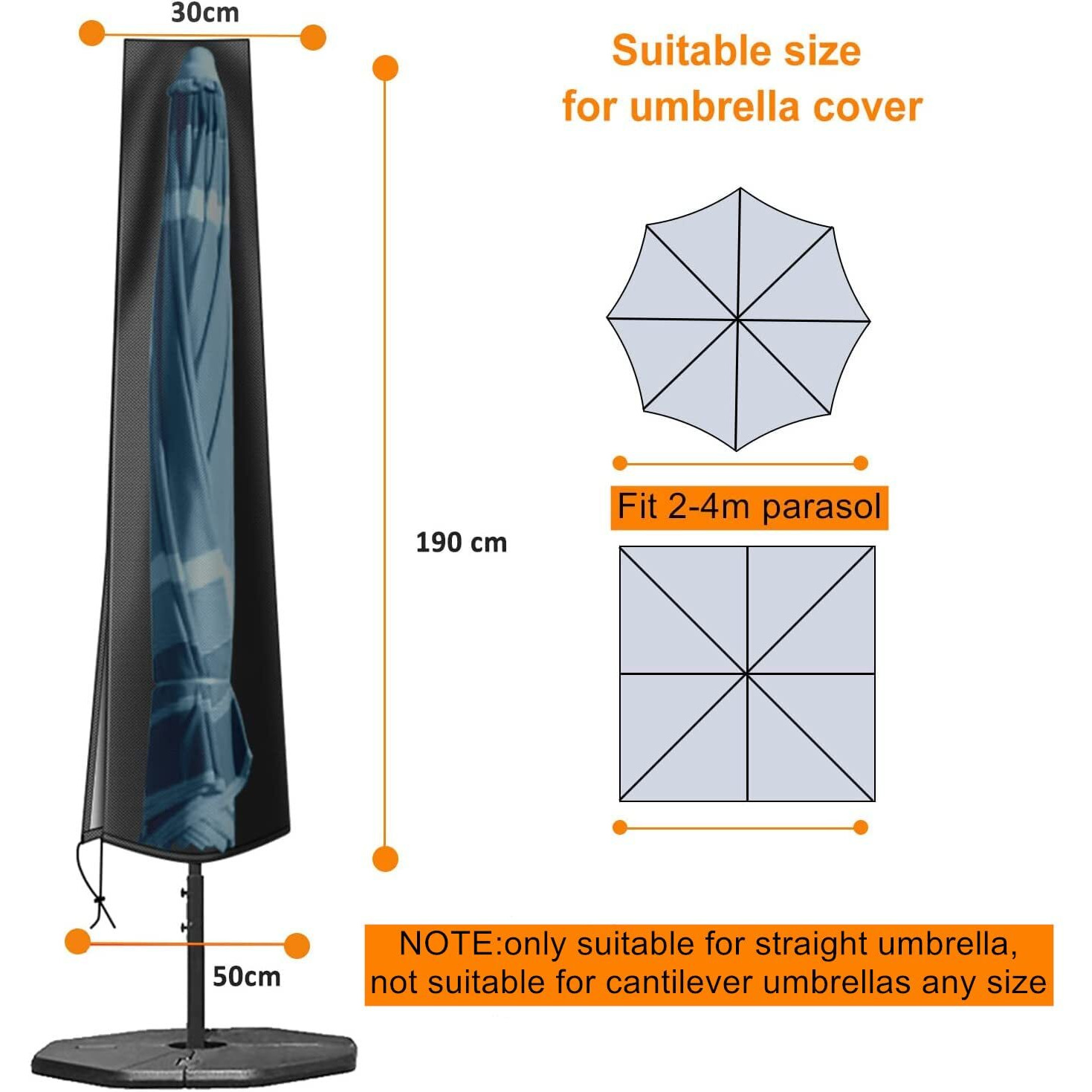 Okpow Umbrella Cover 420D Oxford Fabric Patio Umbrella Covers Waterproof With Zip, For 9Ft To 12Ft Garden Outdoor Umbrella (Black)