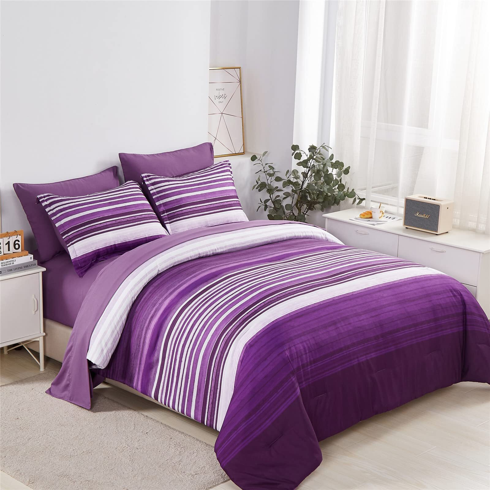 Kakijumn 7 Piece Bed In A Bag Stripe Comforter Set Queen Size, White And Purple Patchwork Striped Comforter And Sheet Set, All Season Soft Microfiber Complete Bedding Sets(Purple,Queen)