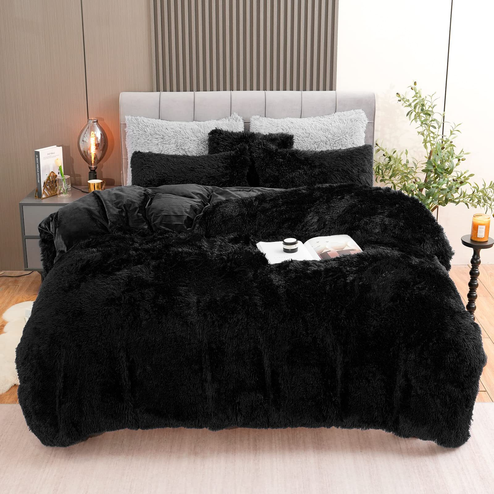 Fluffy Plush Black Duvet Cover Set King Size, Luxury Ultra Soft Velvet Fuzzy Comforter Cover Bed Sets 4Pcs(1 Faux Fur Duvet Cover + 2 Pillow Cases + 1 Pillow Cover) Zipper Closure (King, Black)