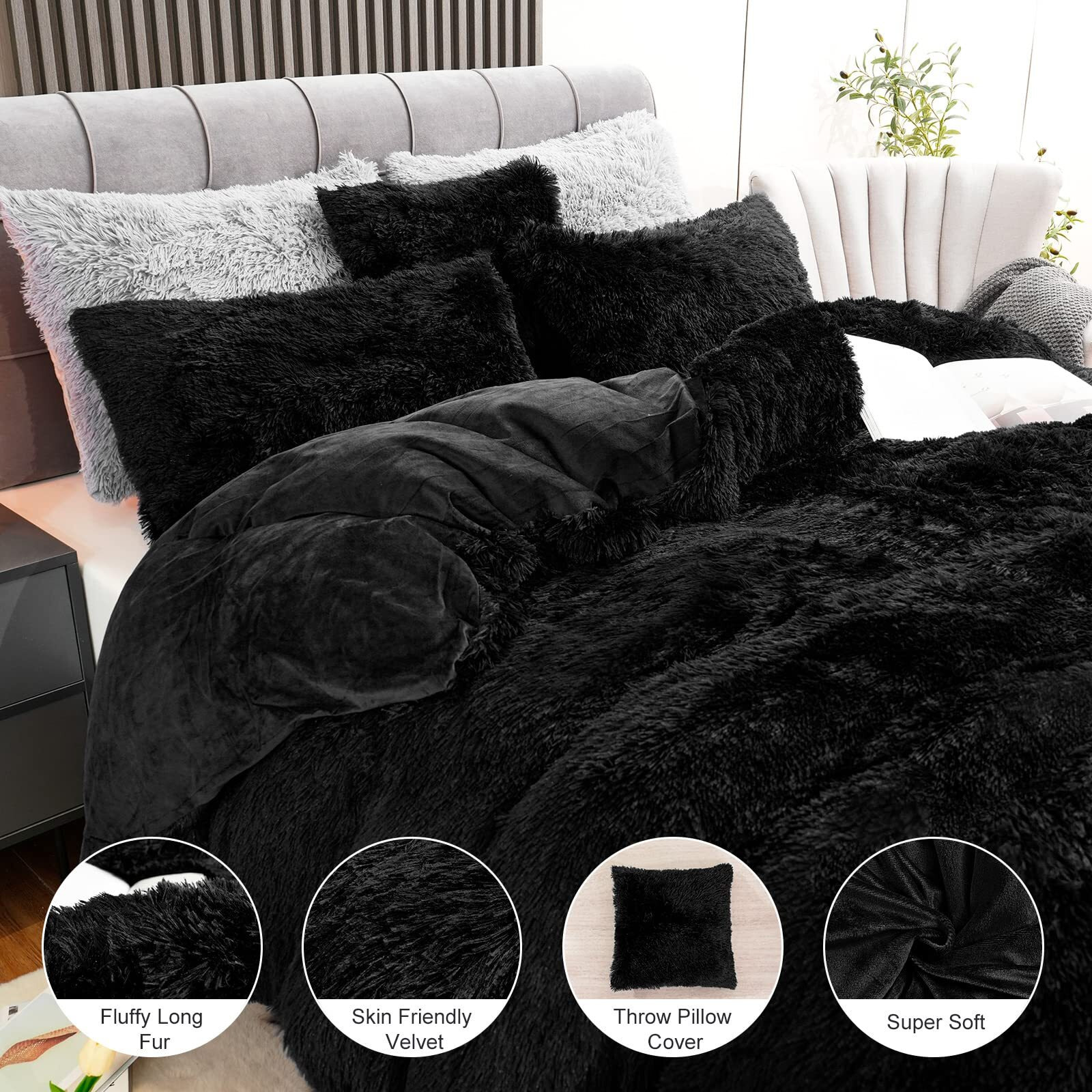 Fluffy Plush Black Duvet Cover Set King Size, Luxury Ultra Soft Velvet Fuzzy Comforter Cover Bed Sets 4Pcs(1 Faux Fur Duvet Cover + 2 Pillow Cases + 1 Pillow Cover) Zipper Closure (King, Black)