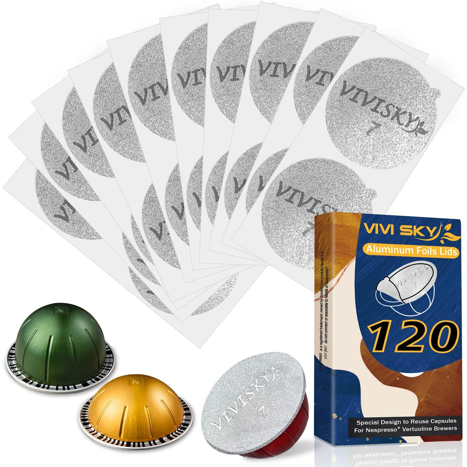 Vivi Sky 120Pcs Aluminum Foil Lids For Reusable Nespresso Pods Vertuo, Coffee Pods Seals Sticker Covers Compatible With Nespresso Vertuo Pods Reusable Pods Nespresso Refillable Capsules (120 Pack)