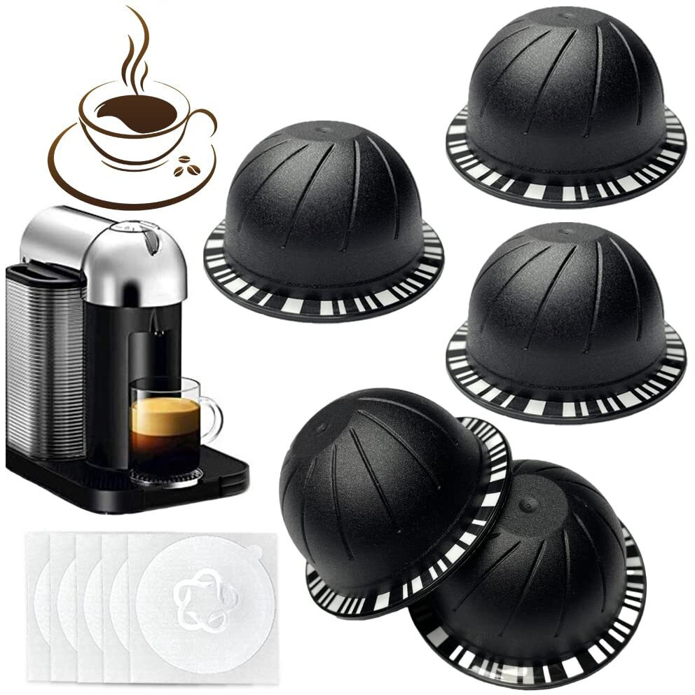 5Pcs Reusable Vertuo Pods Refillable Coffee Capsules Vertuo Capsule For Vertuoline Refill Vertuoline Pod Compatible With Nespresso Vertuo 150/230 Ml With 5Pcs Aluminum Foil Lids (5Pcs Black (230 Ml))