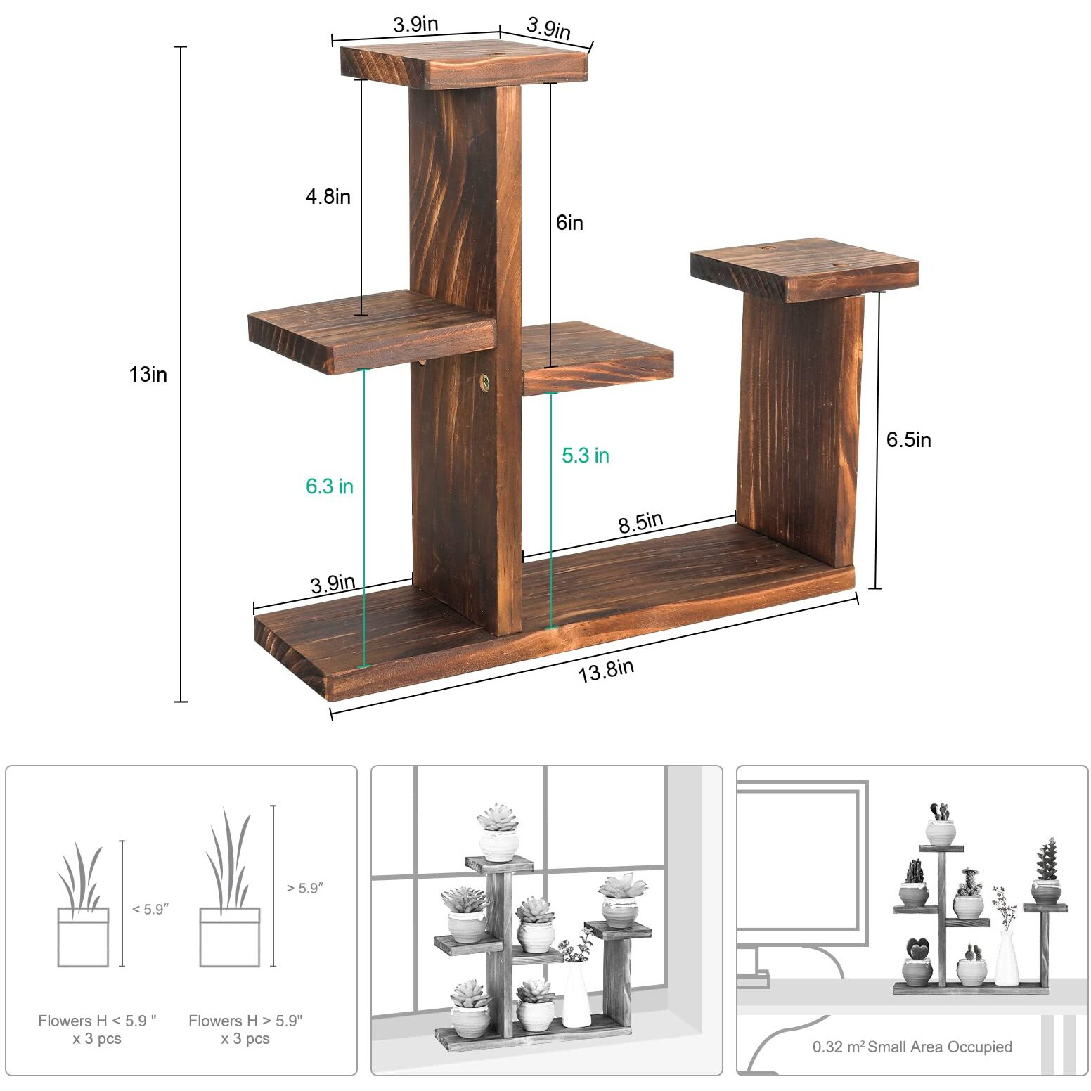 Coogou Wooden Tabletop Plant Stand - 5 Tier Succulent Plant Holder Decorative Planter Holder, Small Desktop Flower Pot Rack Shelf For Decoration Living Room Home Office Windowsill