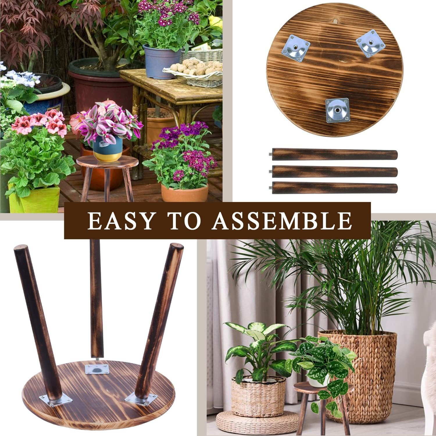 Plant Stand Indoor Plants Table Wood Stool -Wooden Tall Planter Stand 12 Inch Small Round Table Plant Stand,Mid Century Plant Stand Tall Plant Holder For Flower Pots (Natural Carbonized Wood Brown)