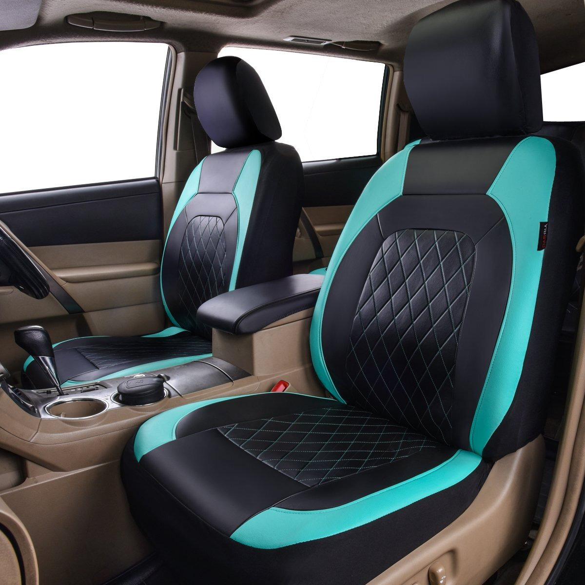 Horse Kingdom Universal Faux Leather Car Seat Covers Full Set, Airbag Compatible, Breathable, Fit For Cars, Trucks, Suv (Black And Mint)