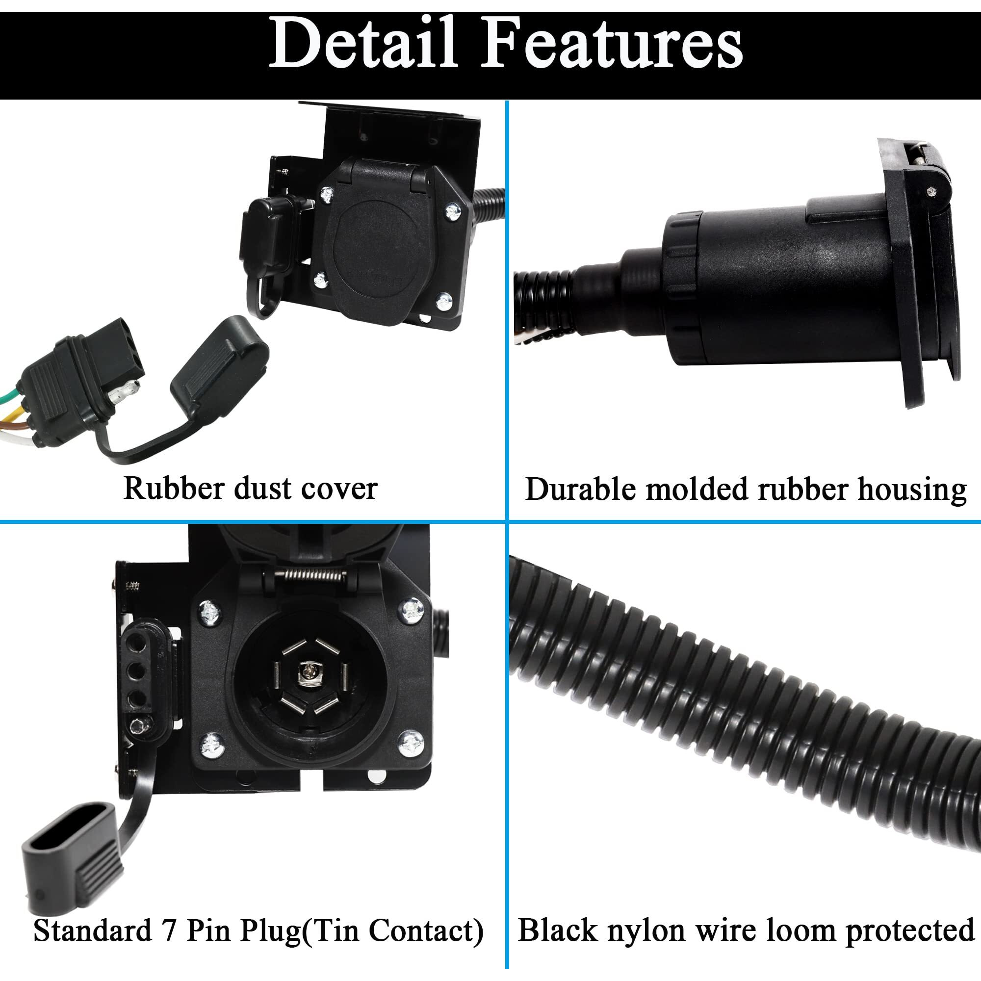 Oyviny 4-Way Flat To 7-Way Round Blade And 4 Way Trailer Wiring Harness Adapter Vehicle-Side 4 Pin To Trailer-Side 7 Pin And 4 Pin Dual-Output Connector With Mounting Bracket For Truck Rv(Black)