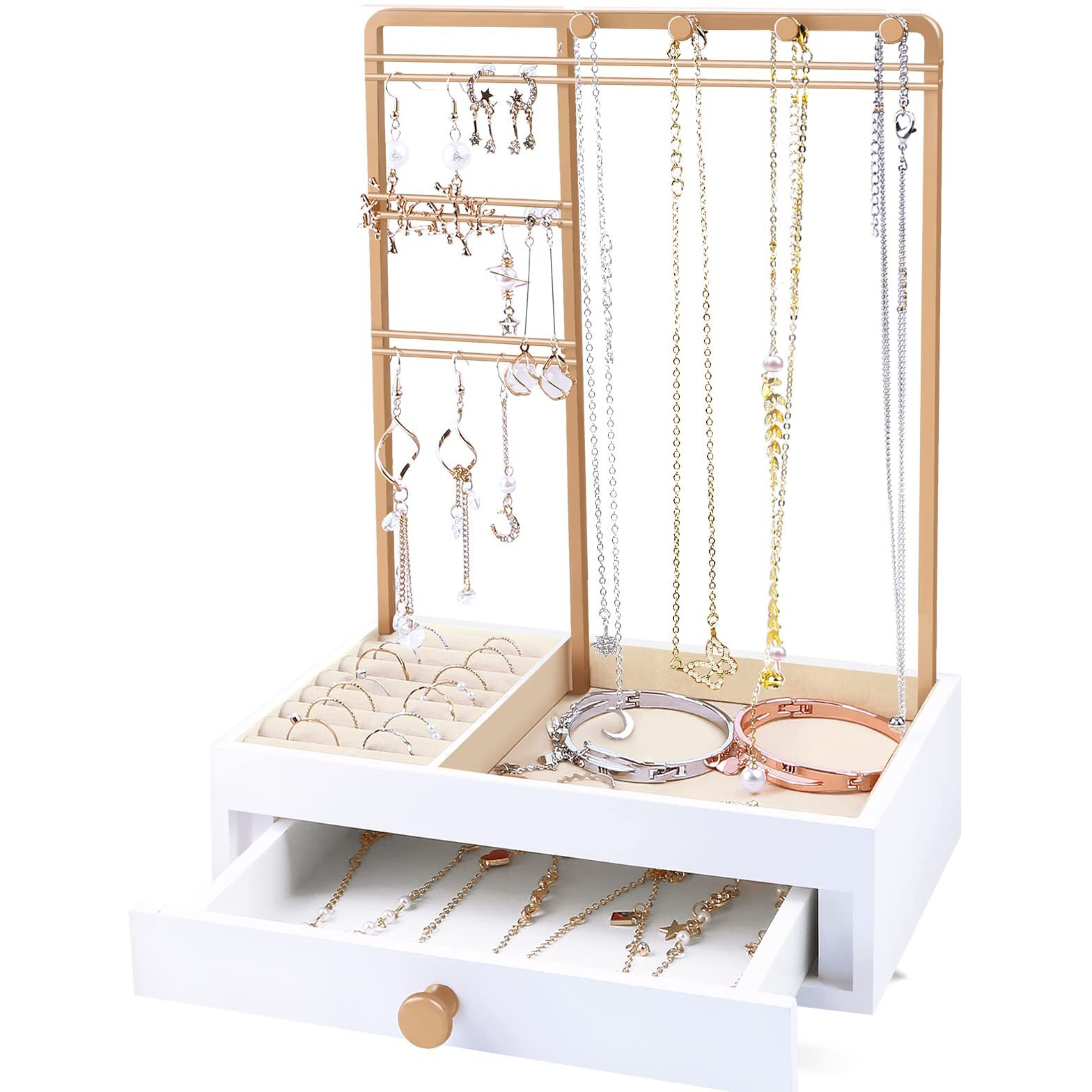 Teamkio Jewelry Stand Tree With Large White Storage Box, Tabletop Jewelry Organizer Display Tree For Necklace, Rings, Bracelets, Watches