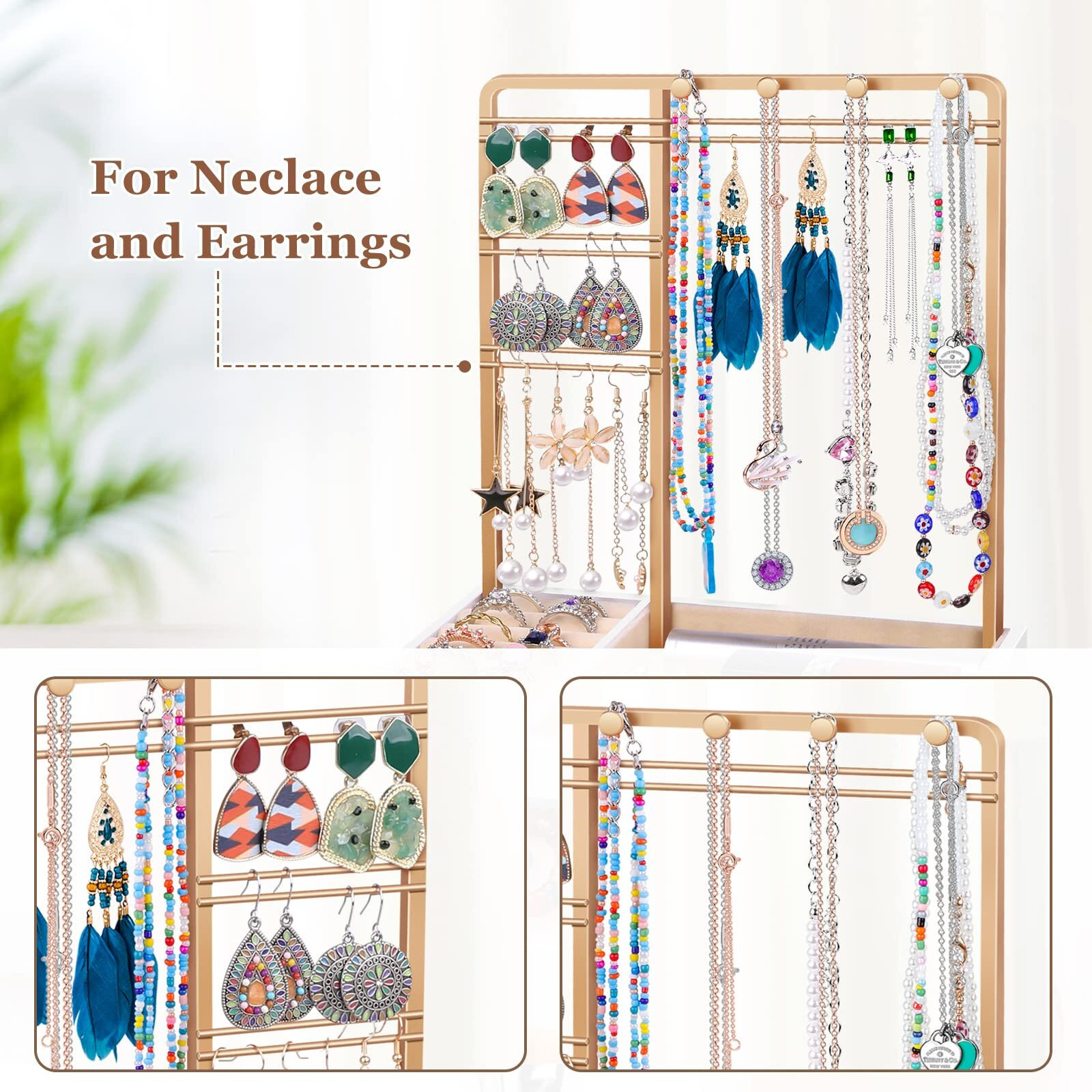 Teamkio Jewelry Stand Tree With Large White Storage Box, Tabletop Jewelry Organizer Display Tree For Necklace, Rings, Bracelets, Watches