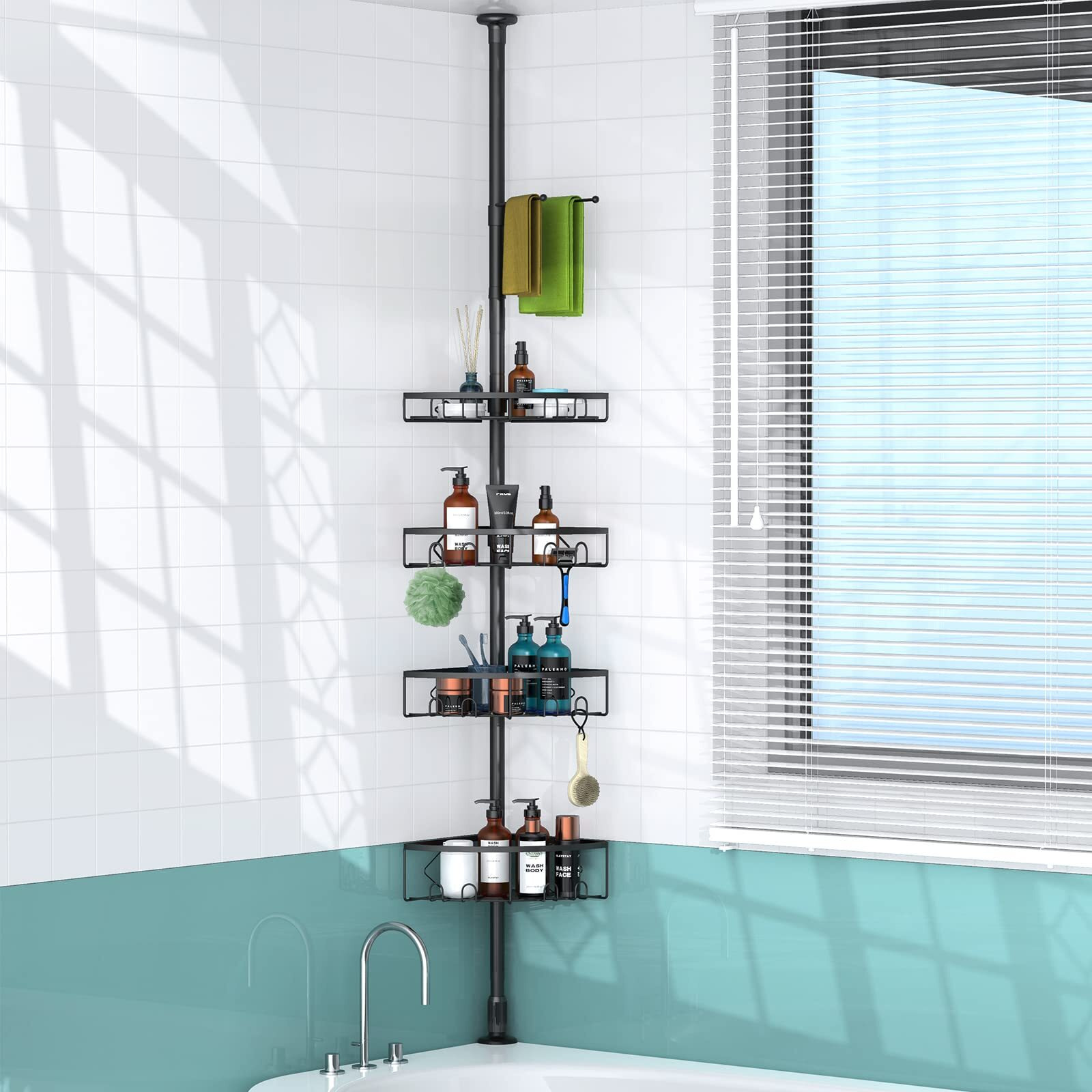 Kadolina Corner Shower Caddy Tension Pole, 4 Tier Shower Basket