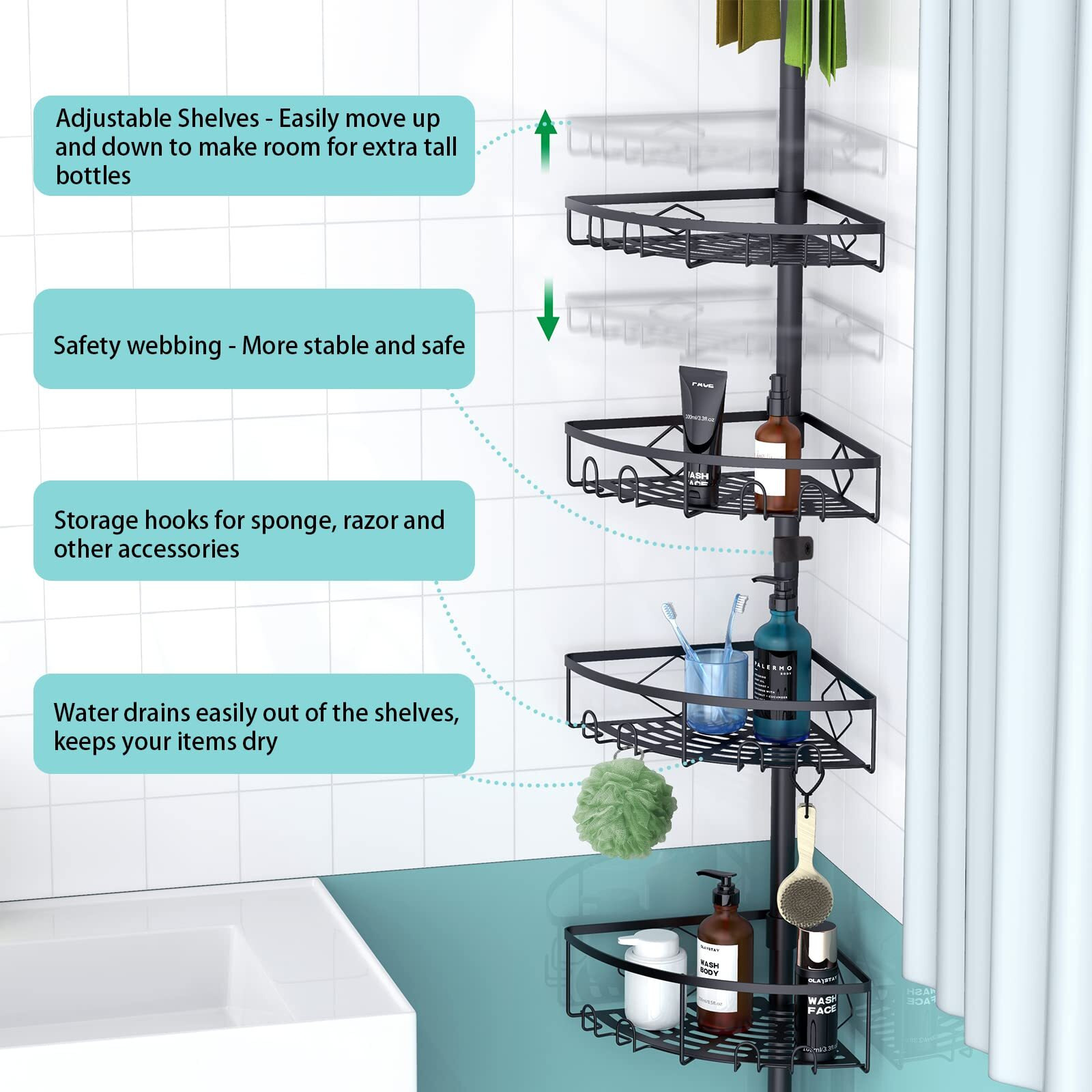 Kadolina Corner Shower Caddy Tension Pole, 4 Tier Shower Basket