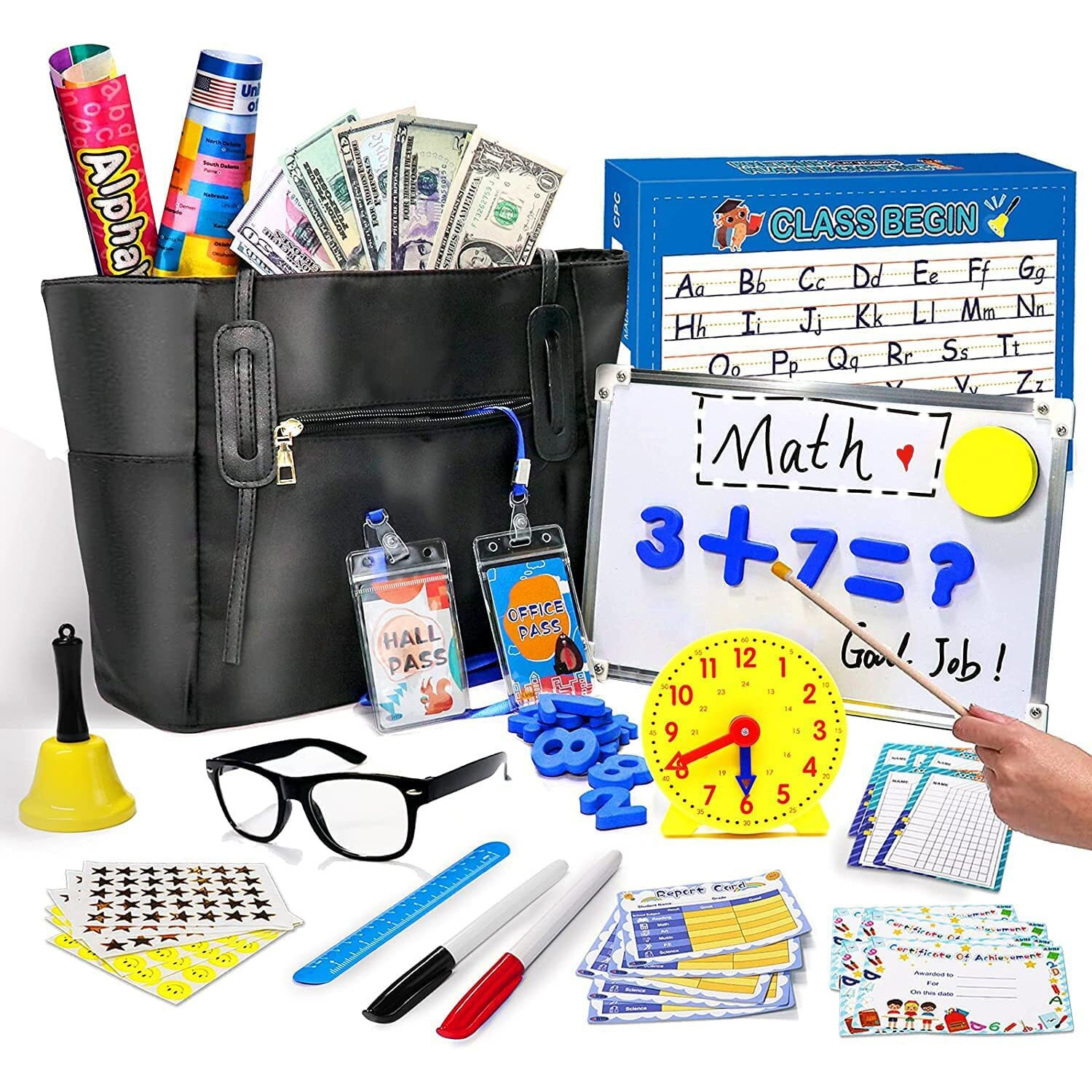 Alritz Pretend Play Teacher Set - Classroom Learning Education Gifts Includes Reusable White Board Bell Clock And More, Be Teacher Or Student, Toy Gift For Boys Girls 5 6 7 8 9 10 11 12 Years Old