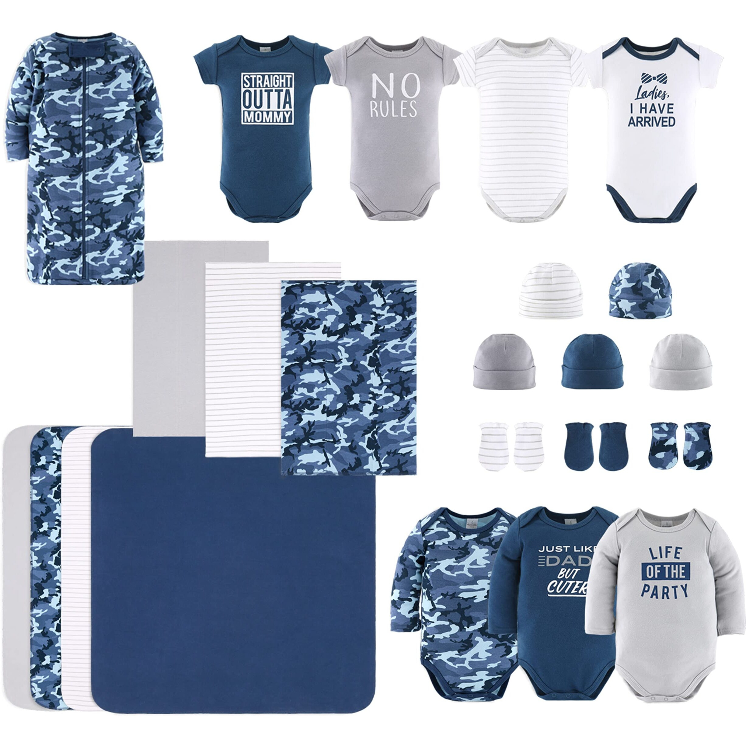 The Peanutshell Newborn Layette Gift Set For Baby Boys - 23 Piece Newborn Boy Clothes & Accessories Set - Fits Newborns To 3 Months - Blue Camo