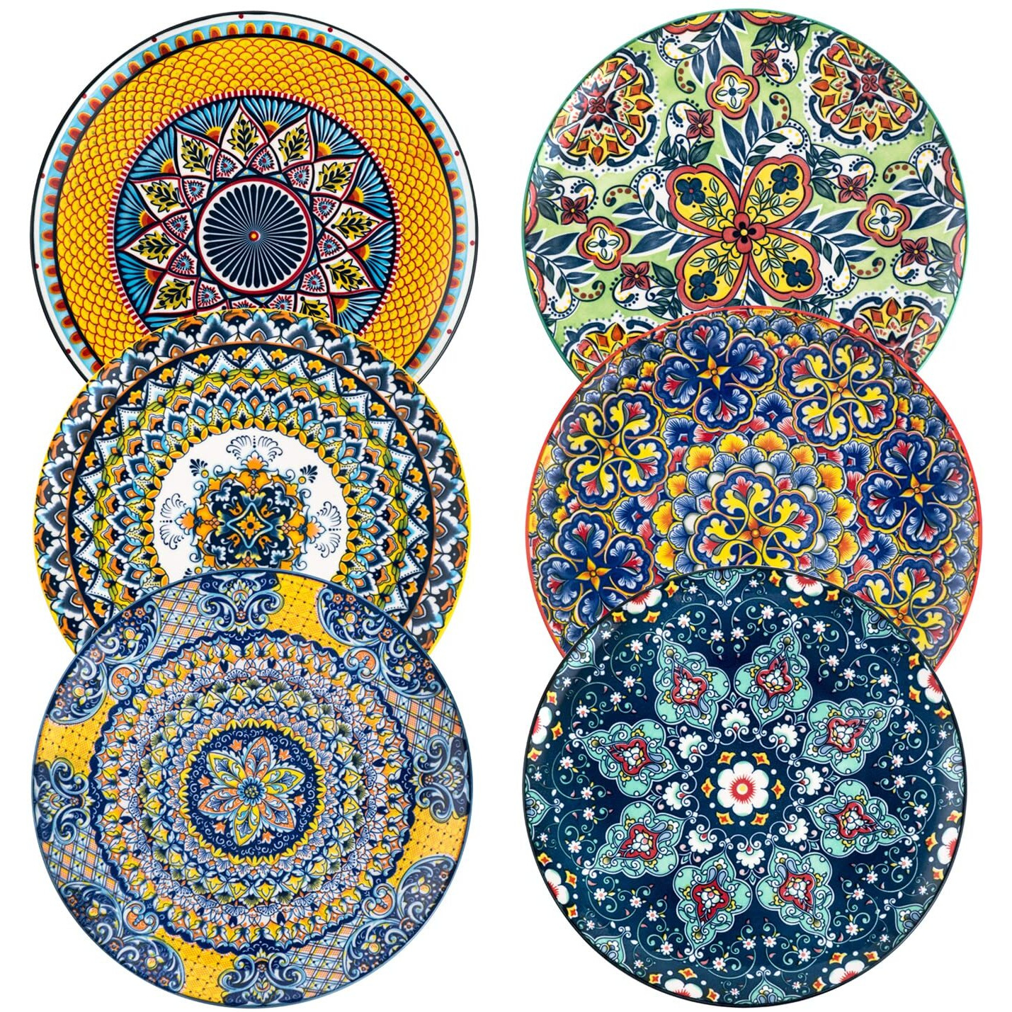 Henxfen Lead Ceramic Dinner Plates Set Of 6-10.6 Inch Large Dessert, Pasta, Salad Plate, Porcelain Colorful Serving Dishes For Kitchen & Restaurant, Dishware, Microwave & Oven Safe - Bohemian Style
