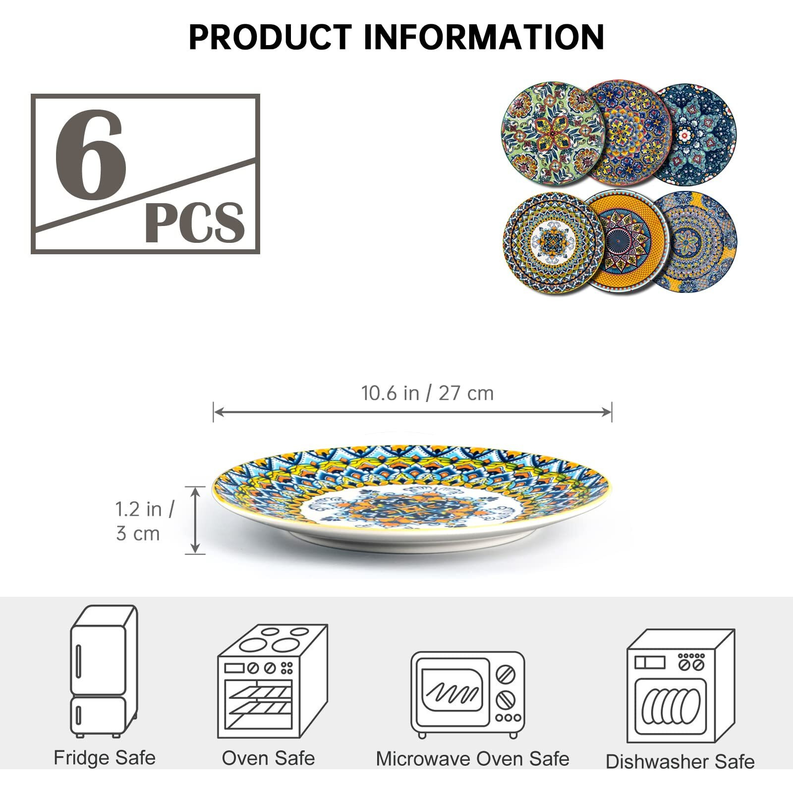 Henxfen Lead Ceramic Dinner Plates Set Of 6-10.6 Inch Large Dessert, Pasta, Salad Plate, Porcelain Colorful Serving Dishes For Kitchen & Restaurant, Dishware, Microwave & Oven Safe - Bohemian Style